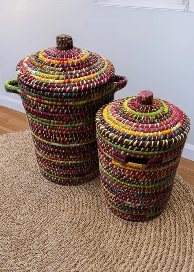 Set of 2 Kaisa Grass Recycled Sari Storage Baskets for Laundry, Toys or Logs