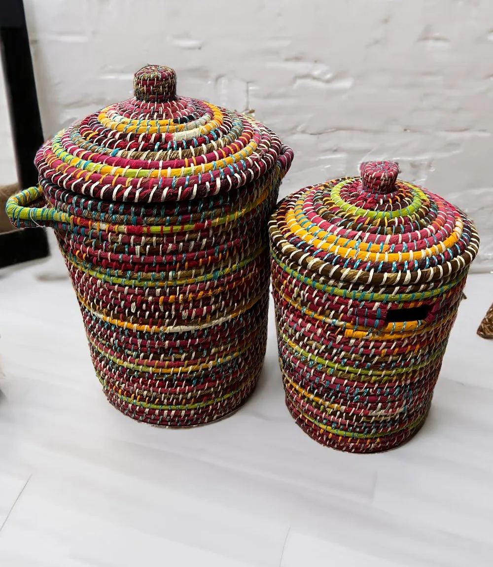 Set of 2 Kaisa Grass Recycled Sari Storage Baskets for Laundry, Toys or Logs