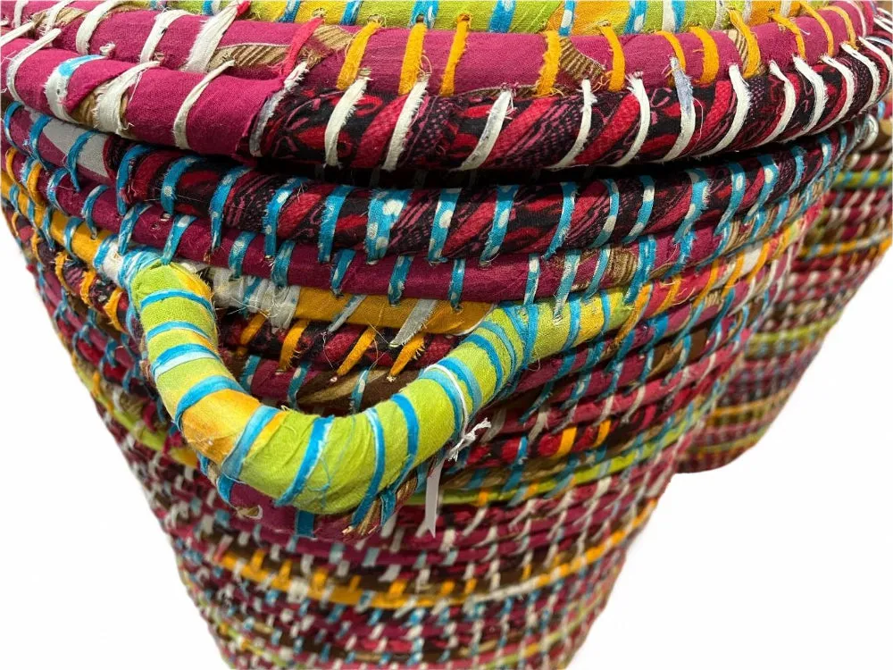 Set of 2 Kaisa Grass Recycled Sari Storage Baskets for Laundry, Toys or Logs