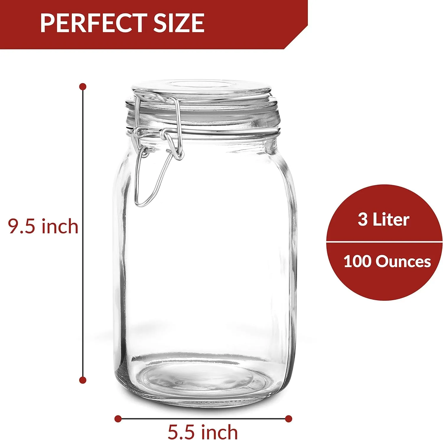 Set of 2 Large Glass Mason Jar with Lid (3 Liter) | Airtight Glass Storage Container for Food, Flour, Pasta, Coffee, Candy, Dog Treats, Snacks & More | Glass Organization Canisters 100 Ounces