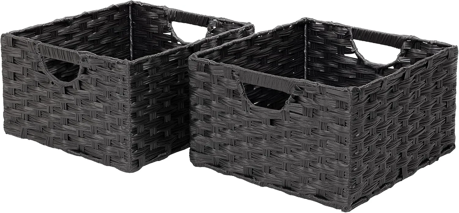 Seville Classics Premium Handwoven Portable Laundry Bin Basket with Carrying Handles, Household Storage for Clothes, Linens, Sheets, Black, Rectangular (2-Pack)