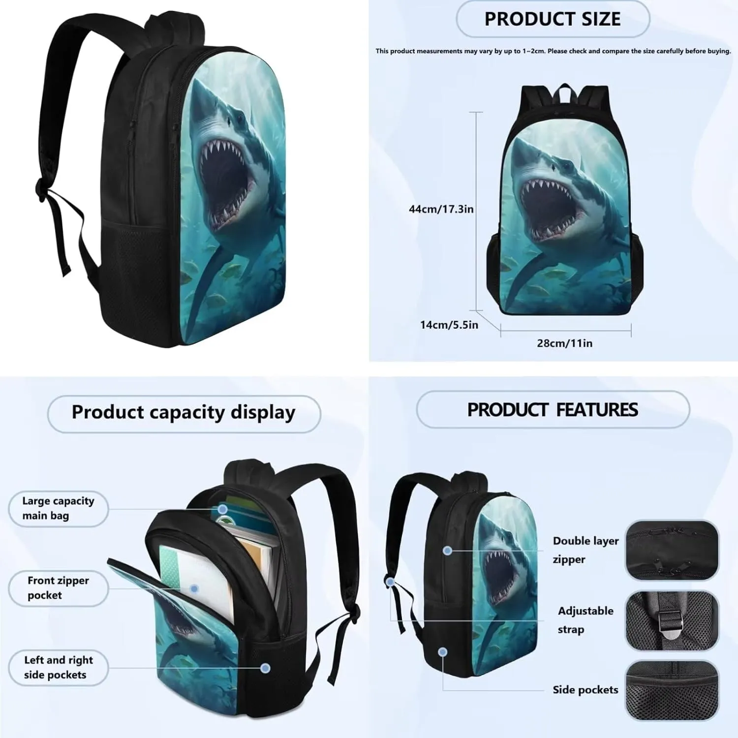 Shark Print Backpack for Toddler Girls Grades 4 to 8 Large Capacity Bookbag for Girl Waterproof and Oil Proof Lunch Bag for Teen Boys for Middle School High School