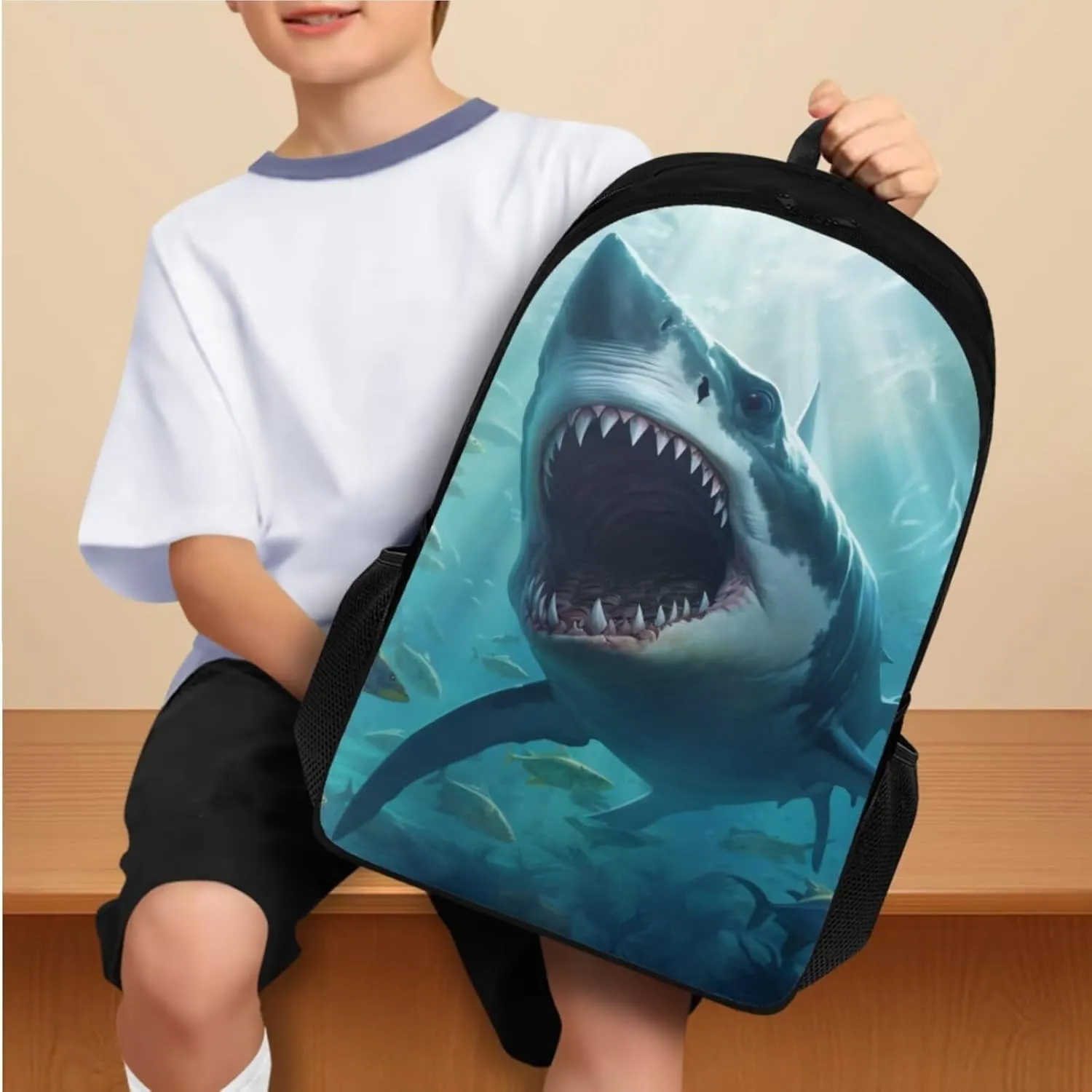 Shark Print Backpack for Toddler Girls Grades 4 to 8 Large Capacity Bookbag for Girl Waterproof and Oil Proof Lunch Bag for Teen Boys for Middle School High School