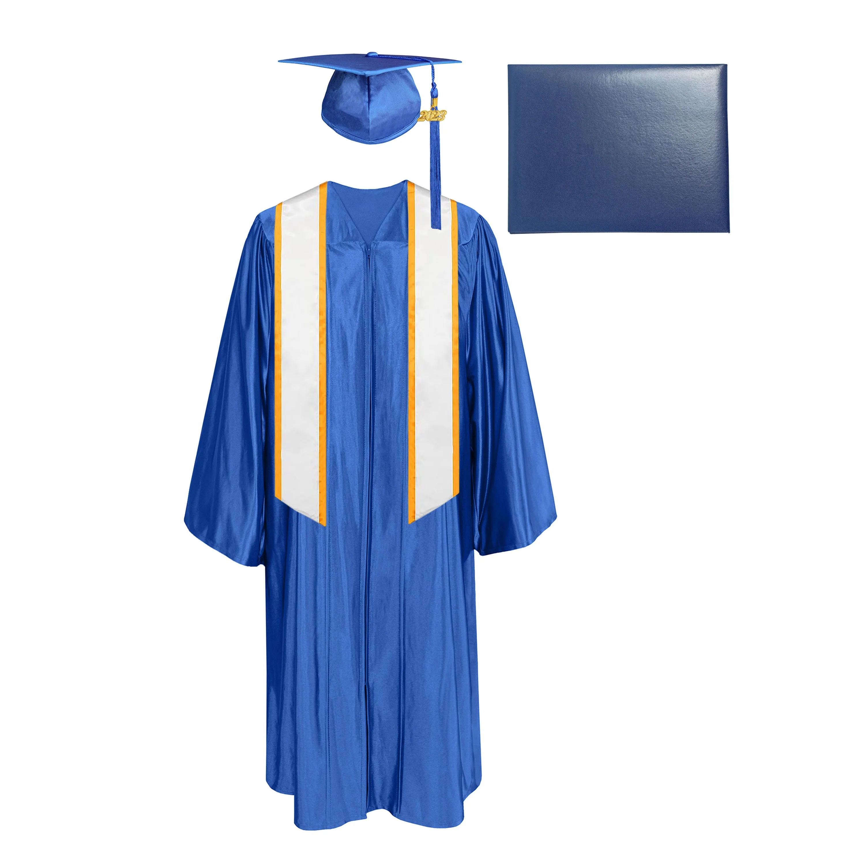 Shiny Cap, Gown, Tassel, Honor Stole Angled End with Trim 72” & Diploma Cover Package