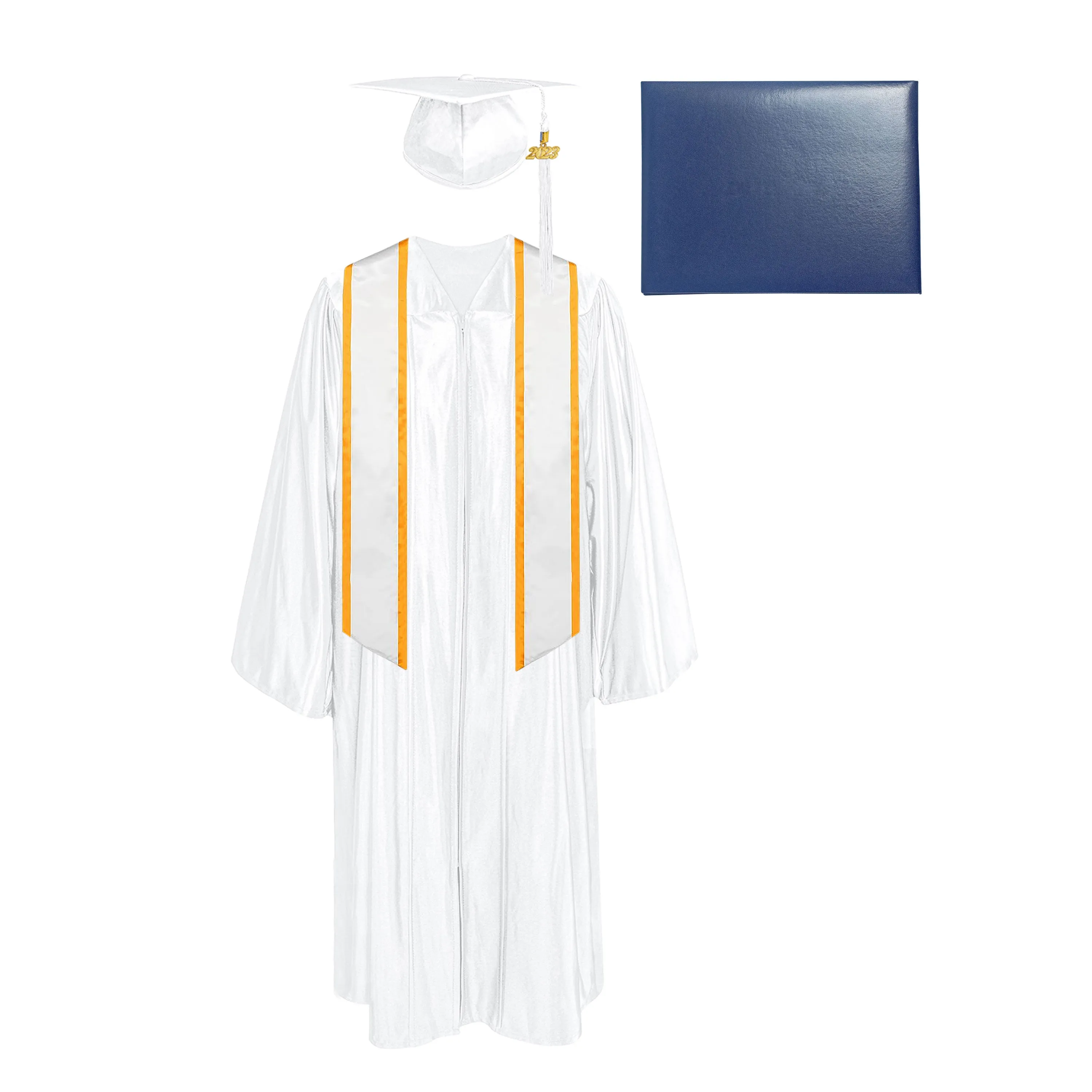 Shiny Cap, Gown, Tassel, Honor Stole Angled End with Trim 72” & Diploma Cover Package