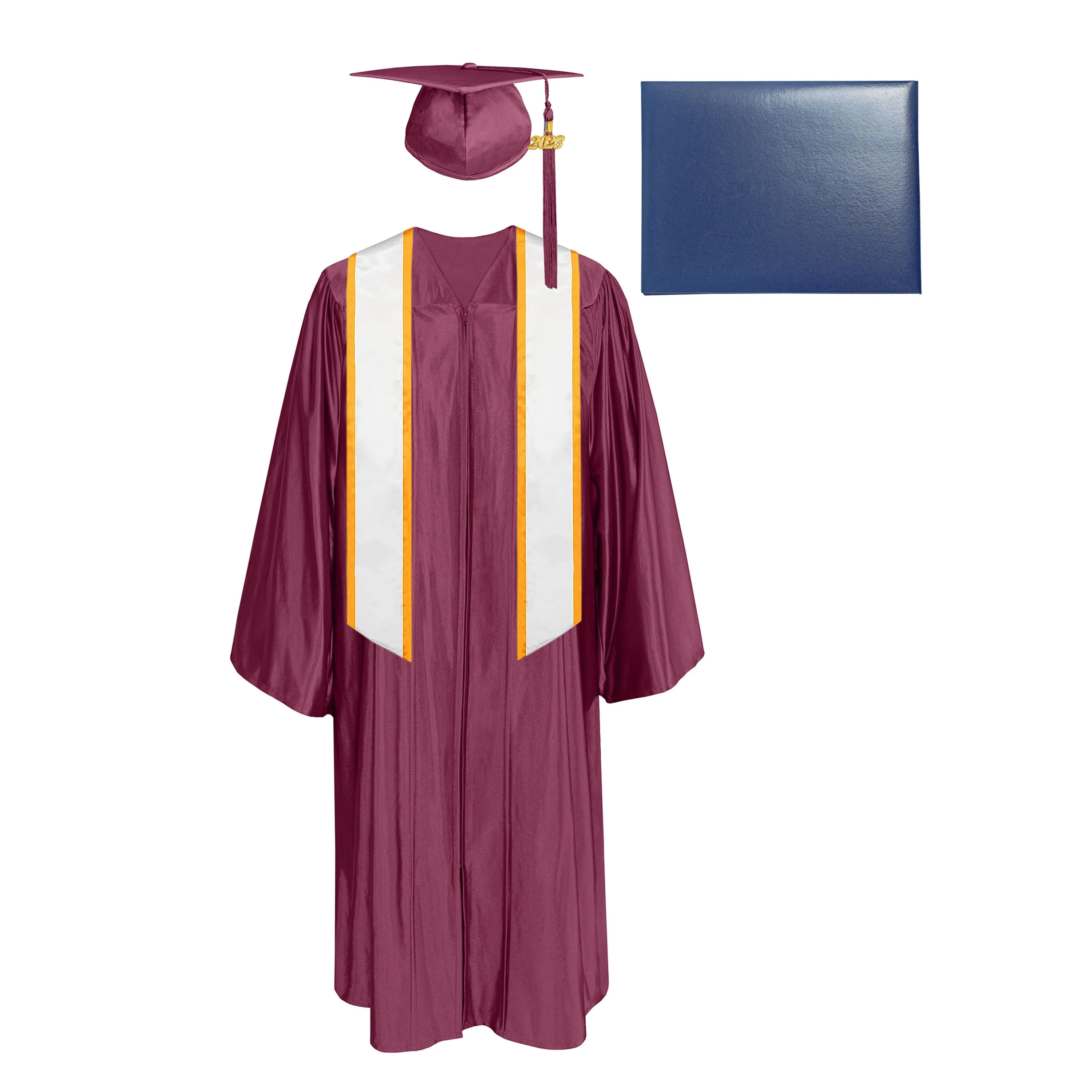 Shiny Cap, Gown, Tassel, Honor Stole Angled End with Trim 72” & Diploma Cover Package