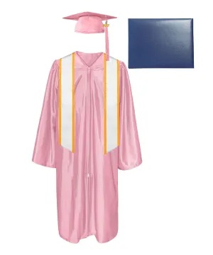 Shiny Cap, Gown, Tassel, Honor Stole Angled End with Trim 72” & Diploma Cover Package