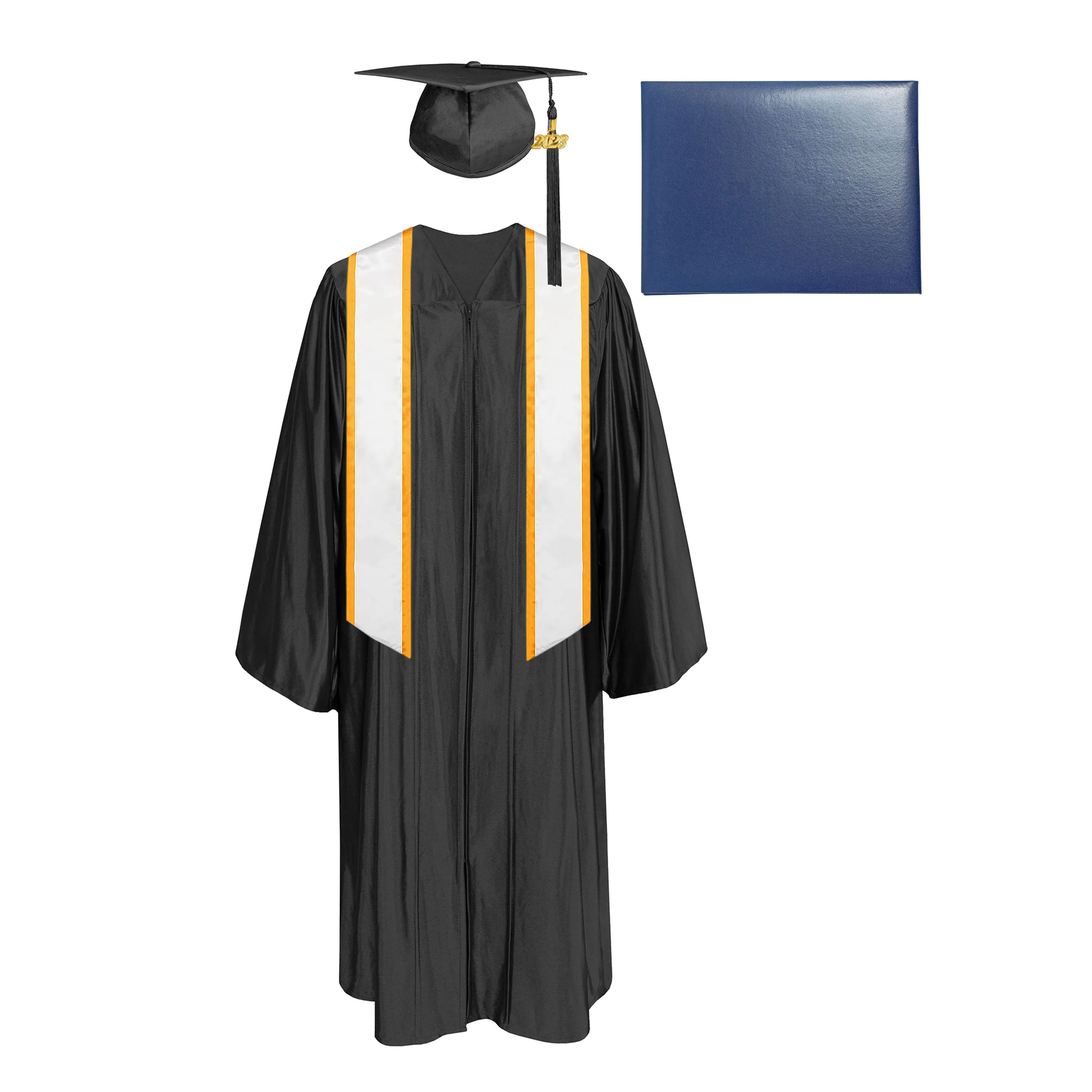 Shiny Cap, Gown, Tassel, Honor Stole Angled End with Trim 72” & Diploma Cover Package