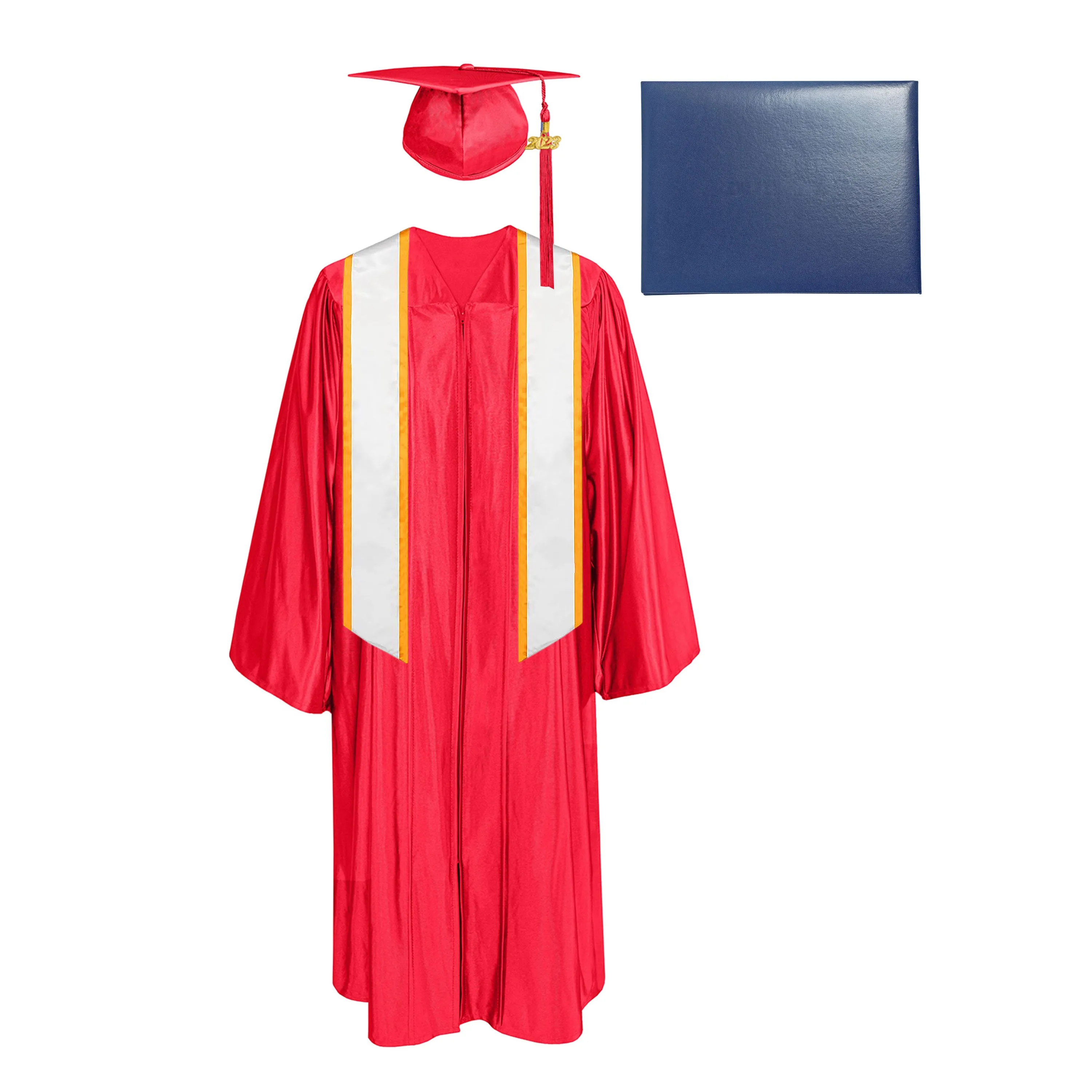 Shiny Cap, Gown, Tassel, Honor Stole Angled End with Trim 72” & Diploma Cover Package