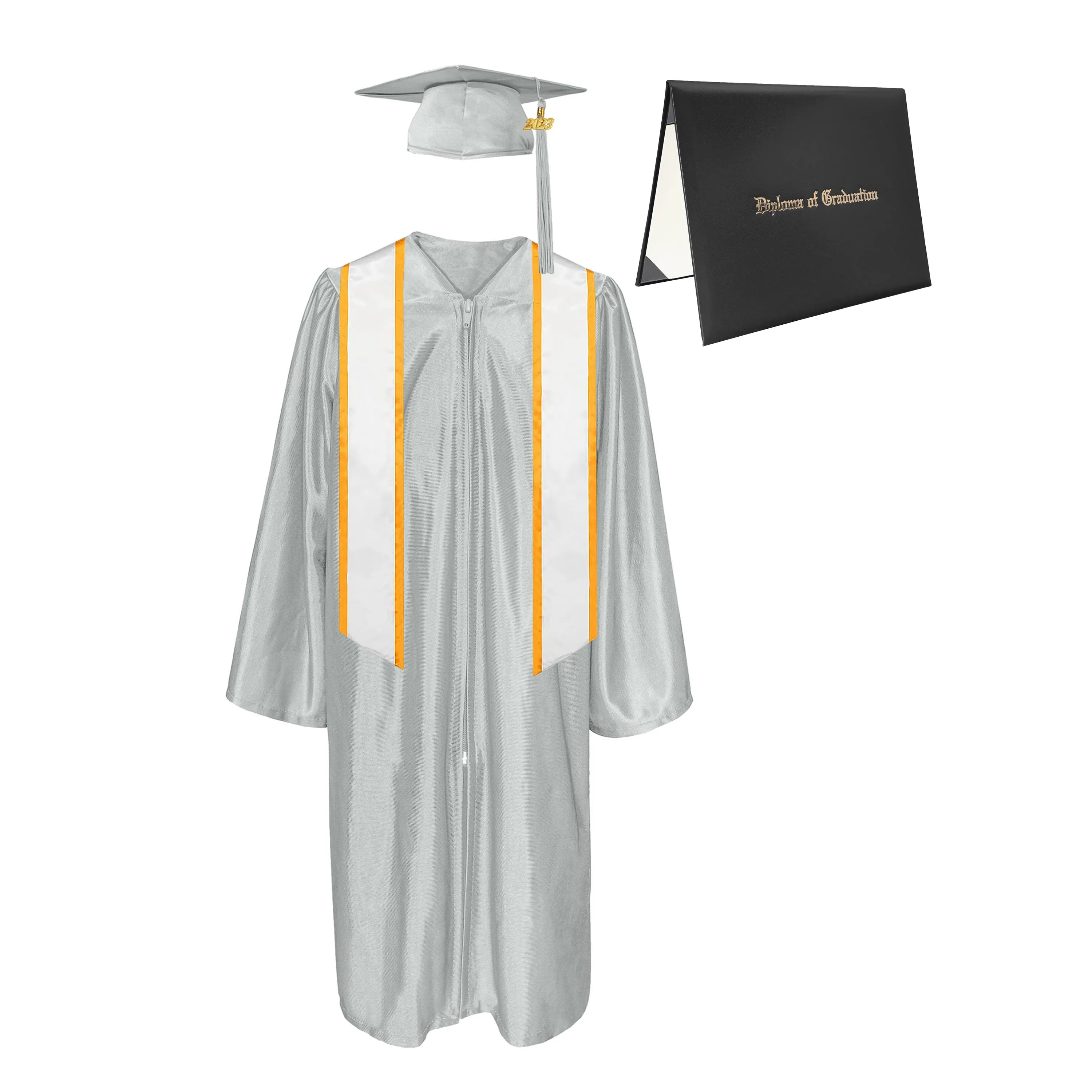 Shiny Cap, Gown, Tassel, Honor Stole Angled End with Trim 72” & Diploma Cover Package