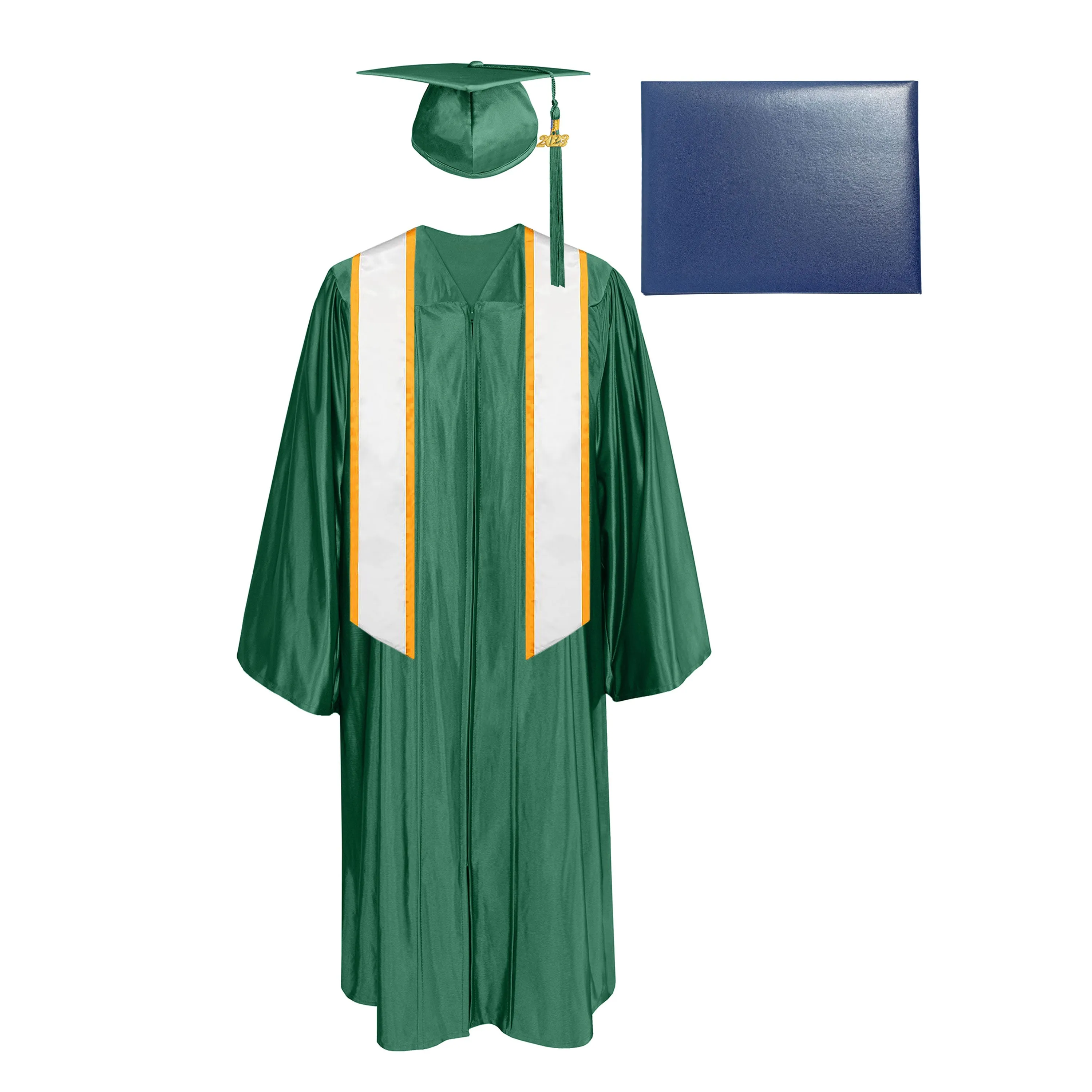 Shiny Cap, Gown, Tassel, Honor Stole Angled End with Trim 72” & Diploma Cover Package