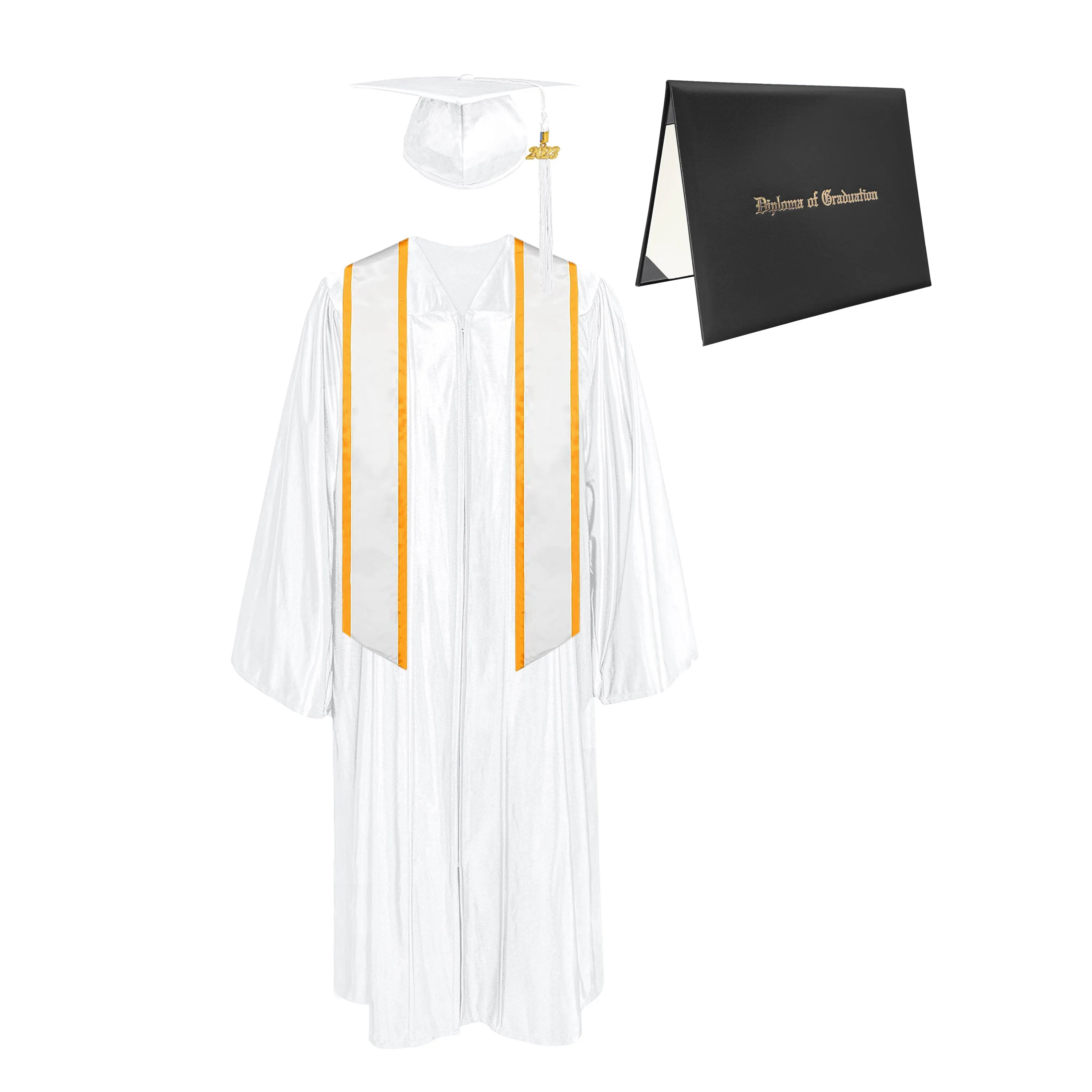 Shiny Cap, Gown, Tassel, Honor Stole Angled End with Trim 72” & Diploma Cover Package