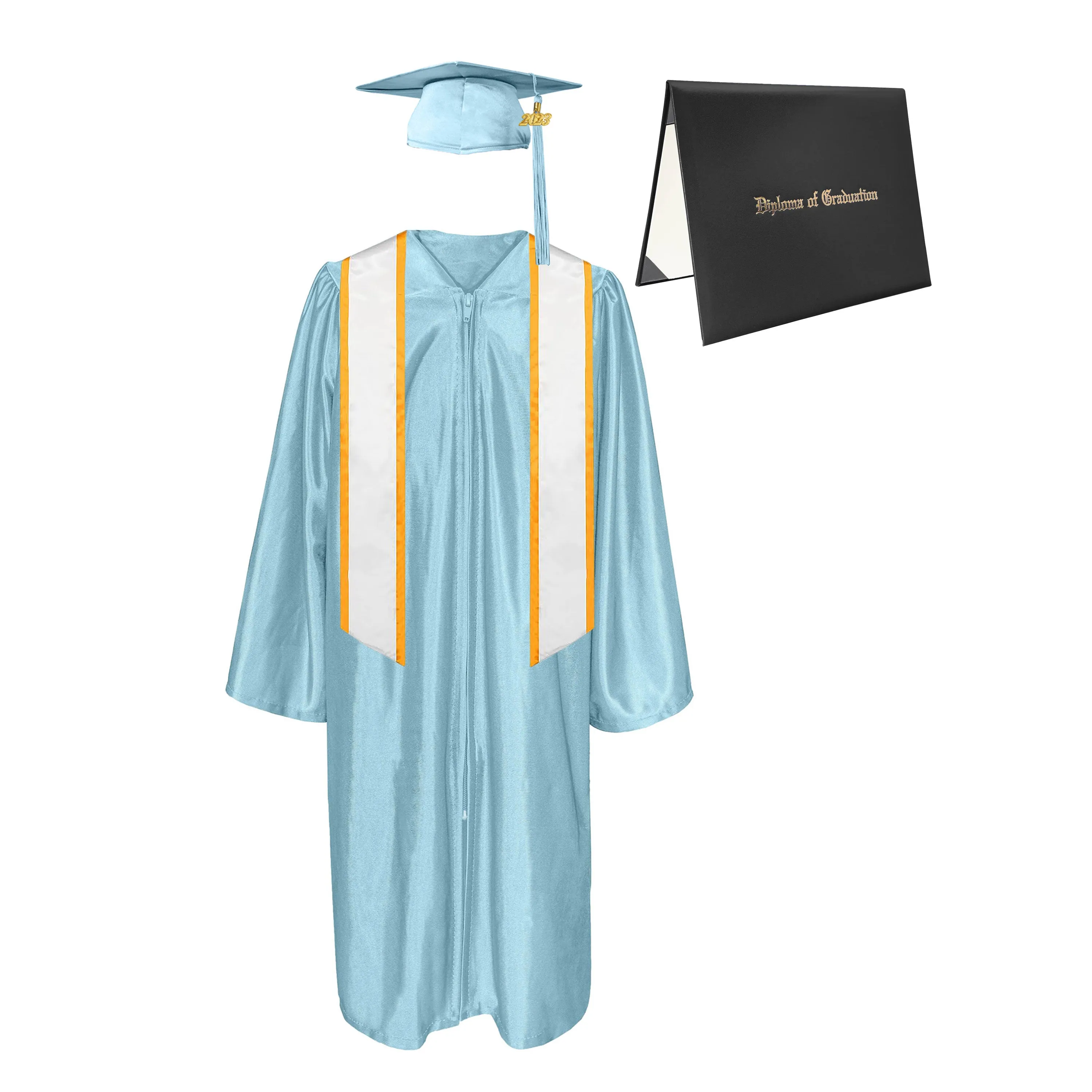 Shiny Cap, Gown, Tassel, Honor Stole Angled End with Trim 72” & Diploma Cover Package