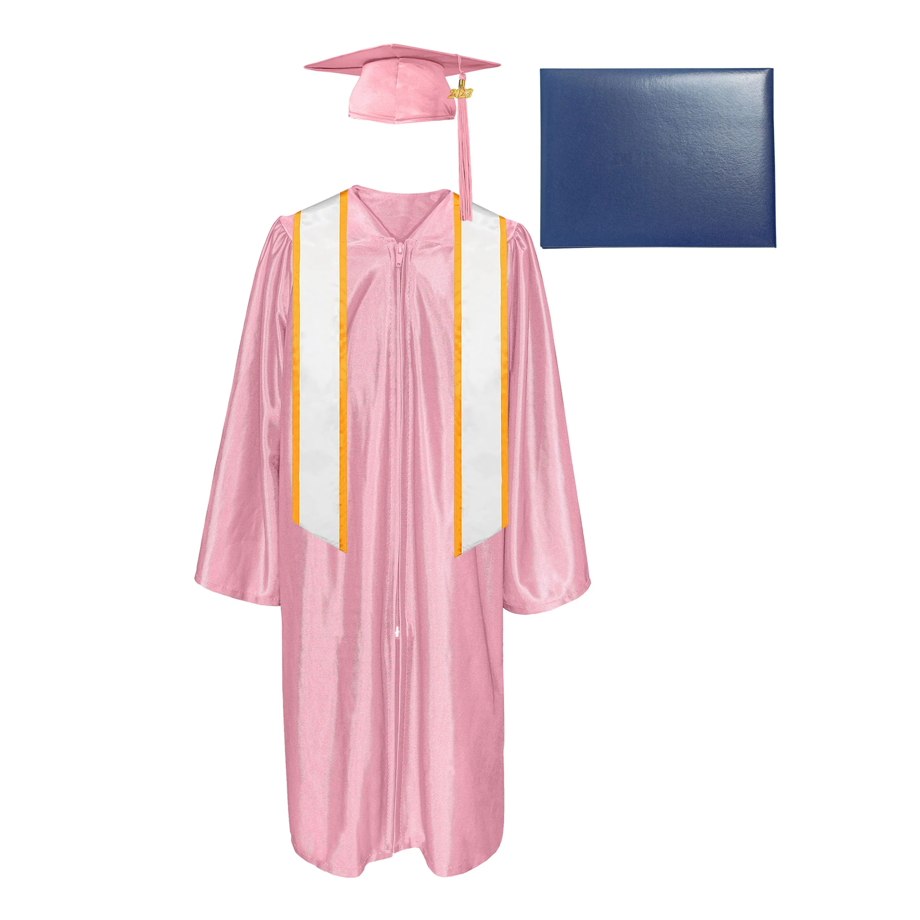 Shiny Cap, Gown, Tassel, Honor Stole Angled End with Trim 72” & Diploma Cover Package