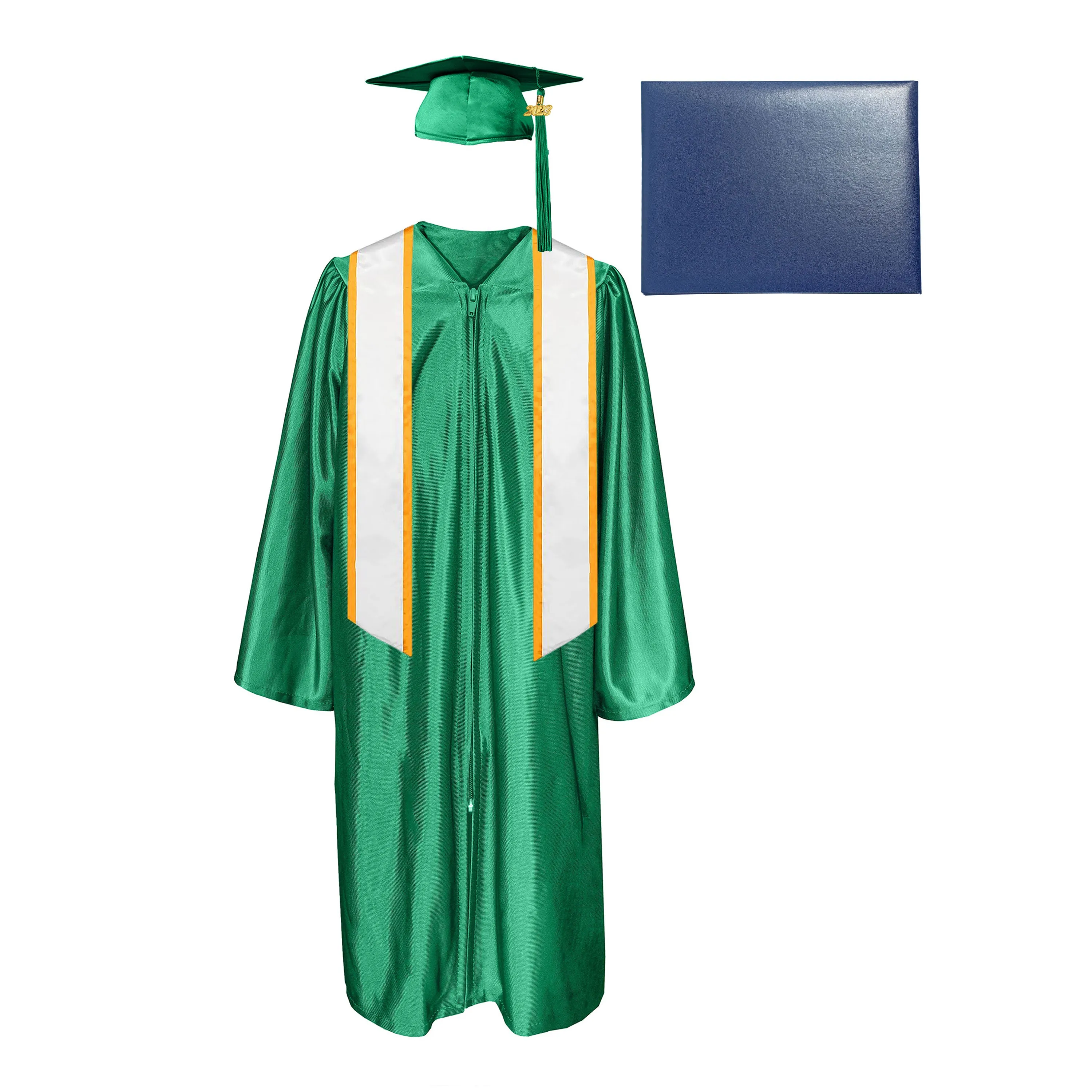 Shiny Cap, Gown, Tassel, Honor Stole Angled End with Trim 72” & Diploma Cover Package