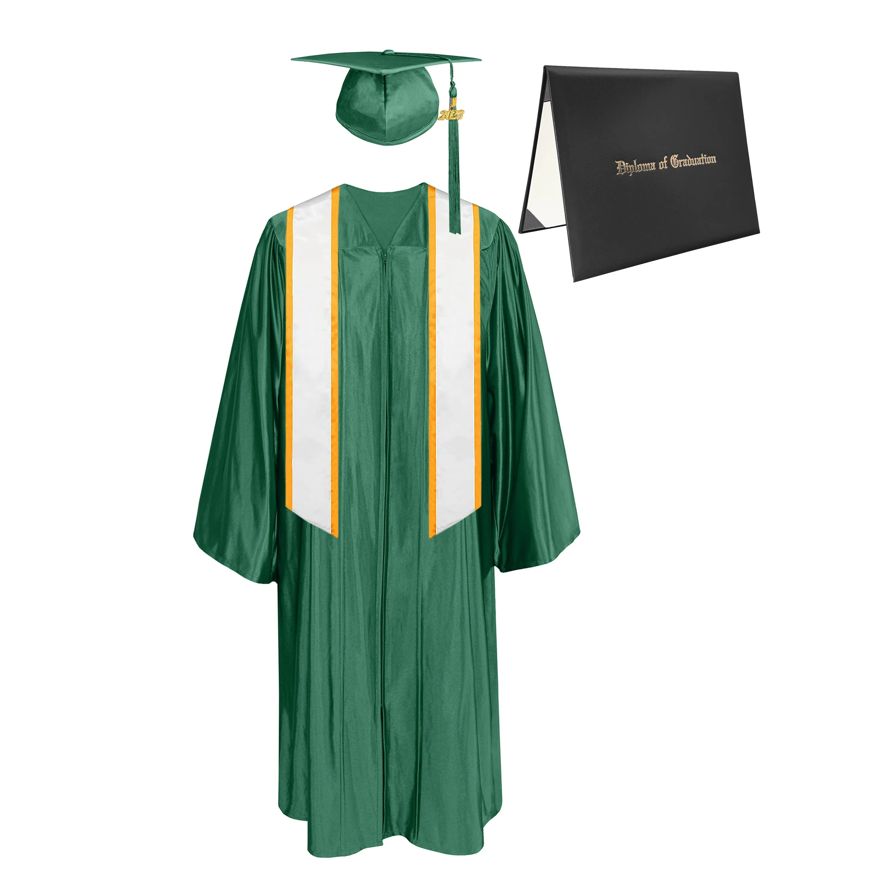 Shiny Cap, Gown, Tassel, Honor Stole Angled End with Trim 72” & Diploma Cover Package