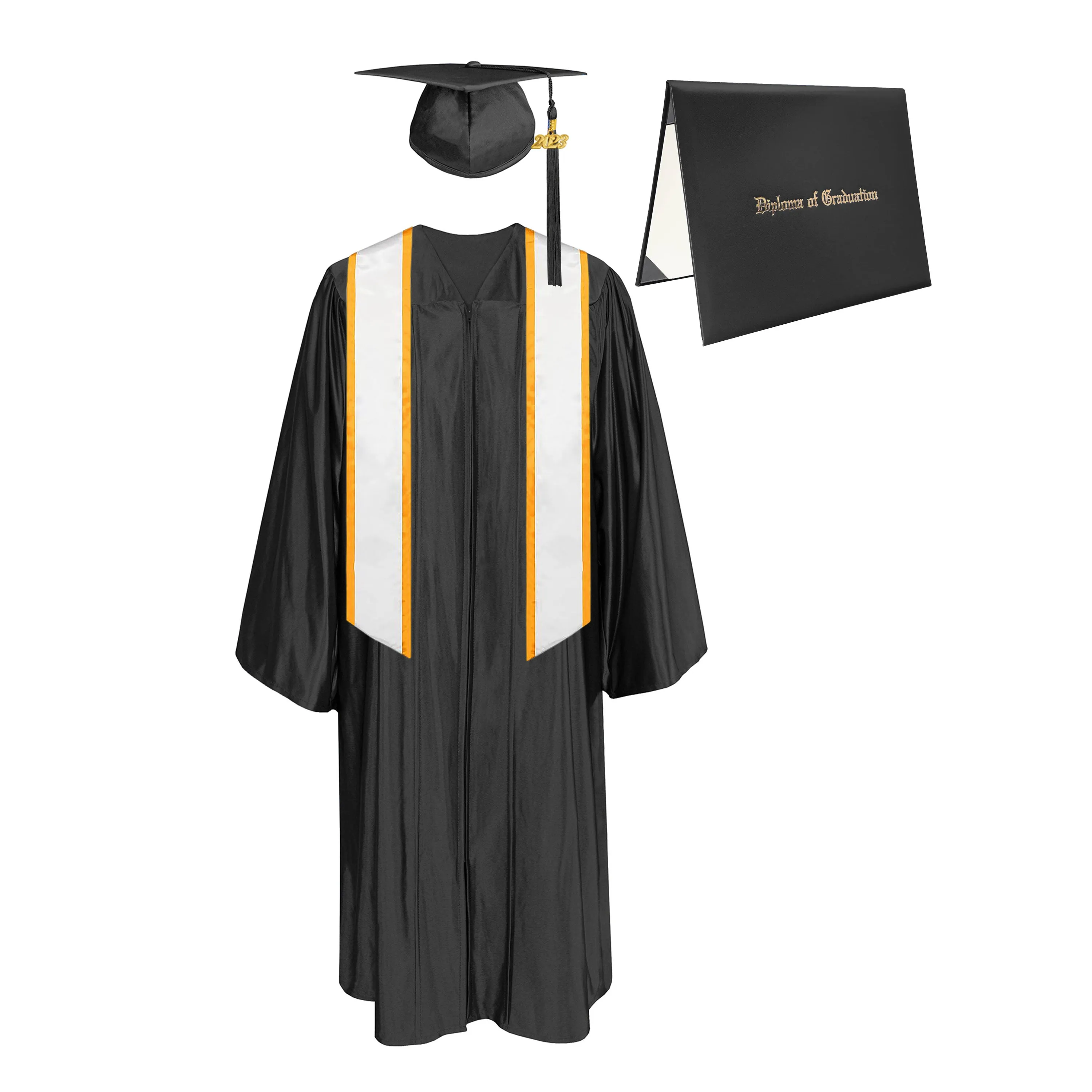 Shiny Cap, Gown, Tassel, Honor Stole Angled End with Trim 72” & Diploma Cover Package