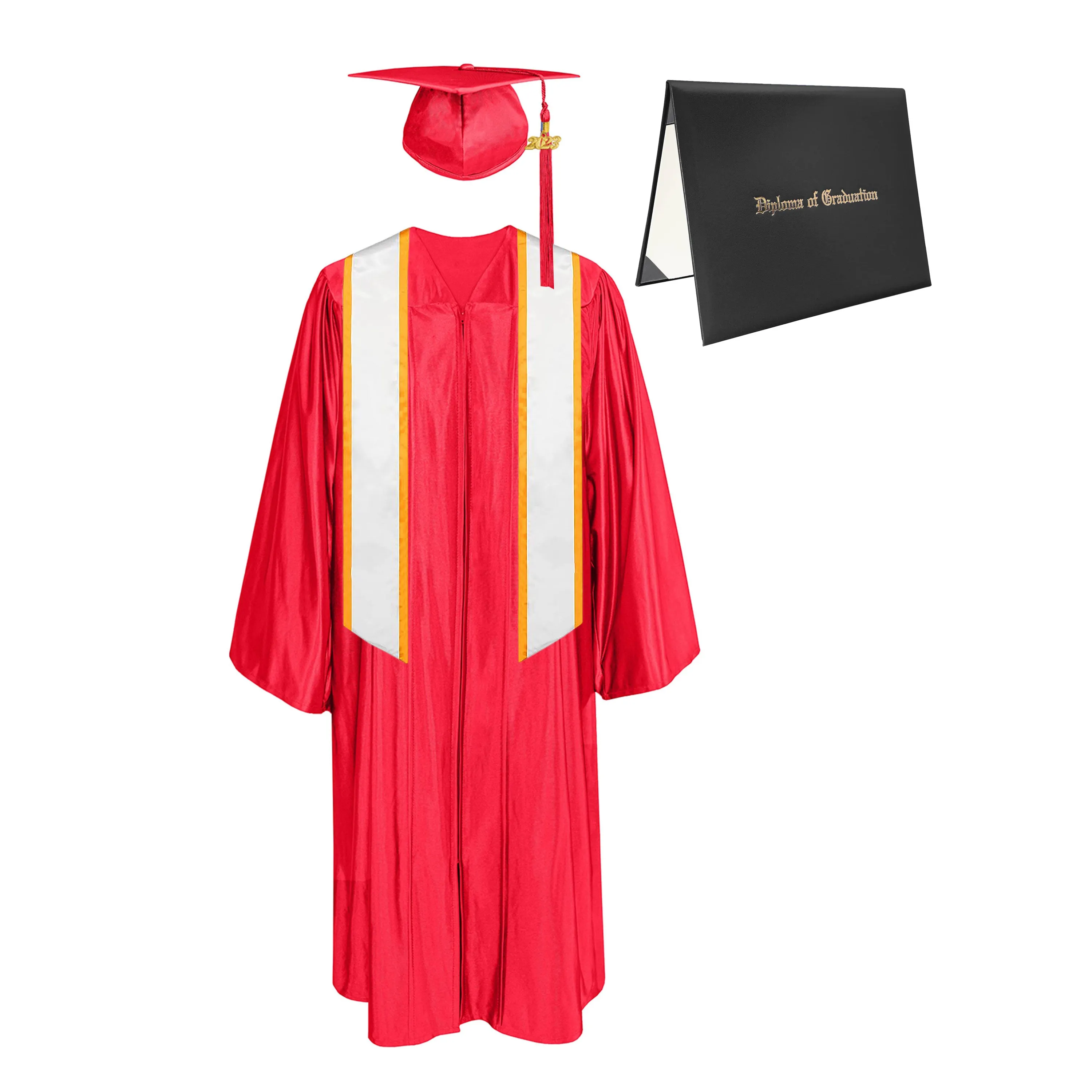 Shiny Cap, Gown, Tassel, Honor Stole Angled End with Trim 72” & Diploma Cover Package