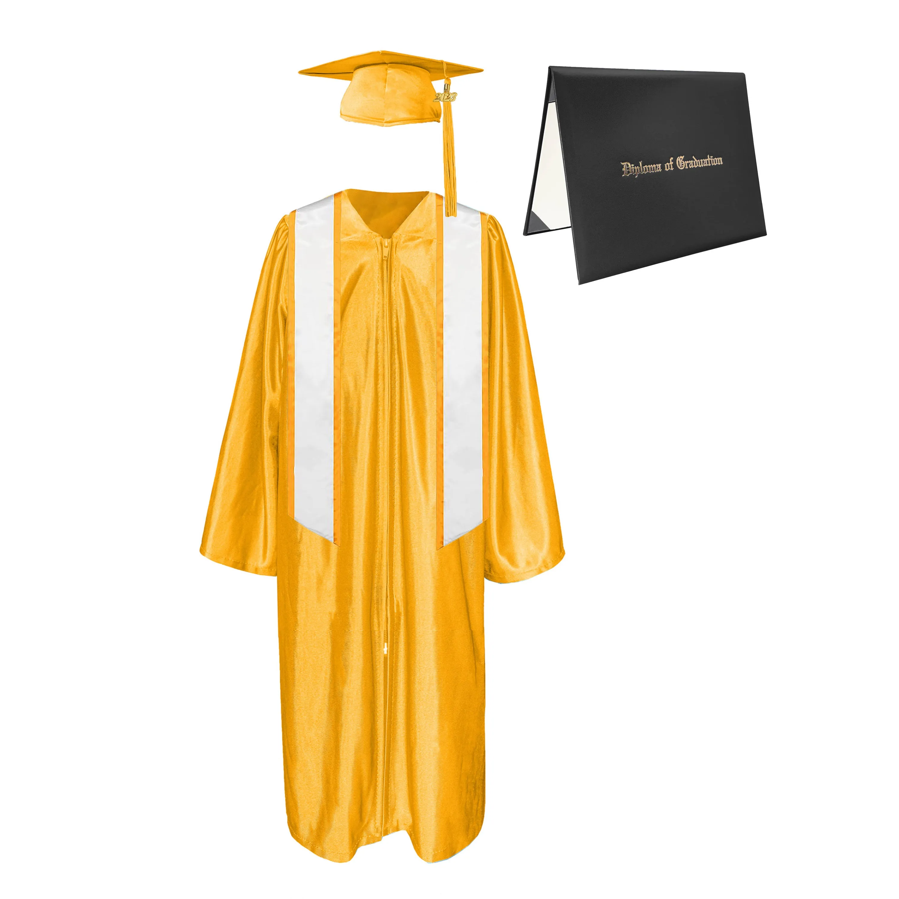 Shiny Cap, Gown, Tassel, Honor Stole Angled End with Trim 72” & Diploma Cover Package