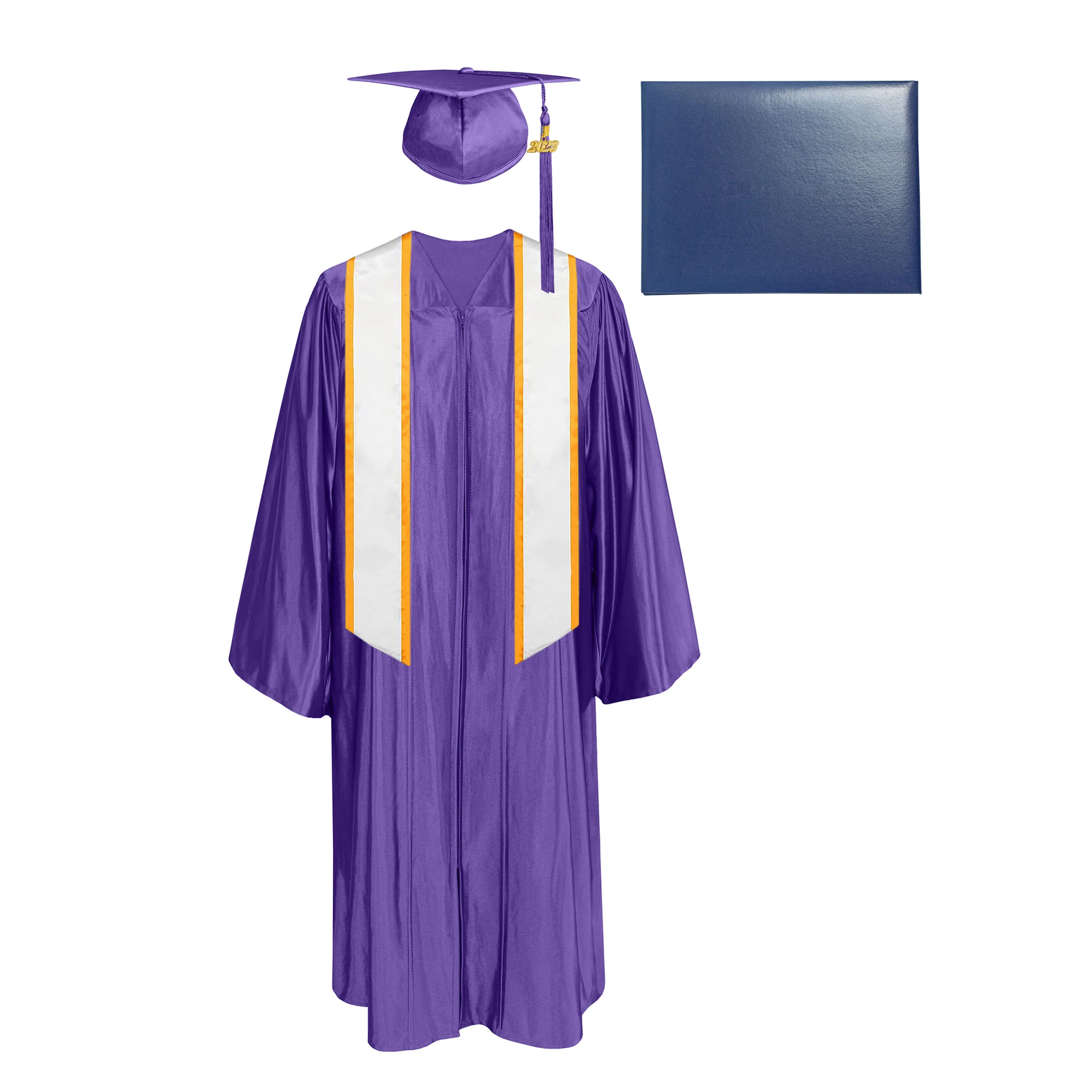 Shiny Cap, Gown, Tassel, Honor Stole Angled End with Trim 72” & Diploma Cover Package