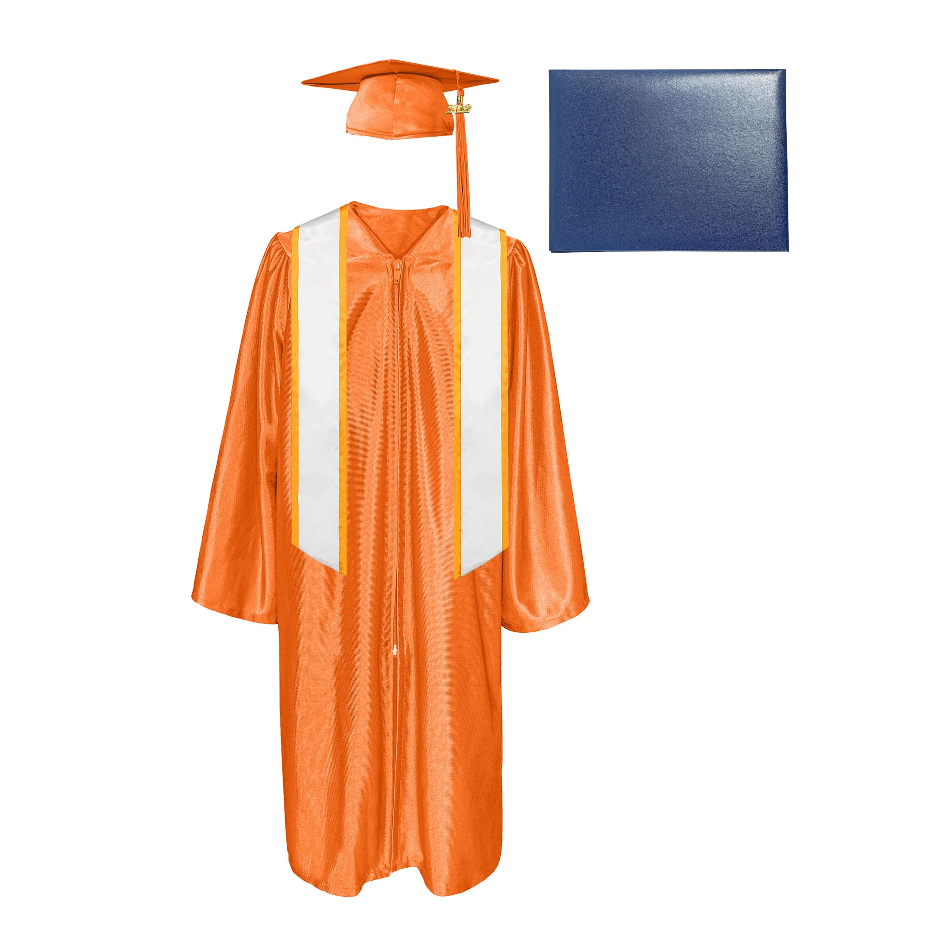 Shiny Cap, Gown, Tassel, Honor Stole Angled End with Trim 72” & Diploma Cover Package