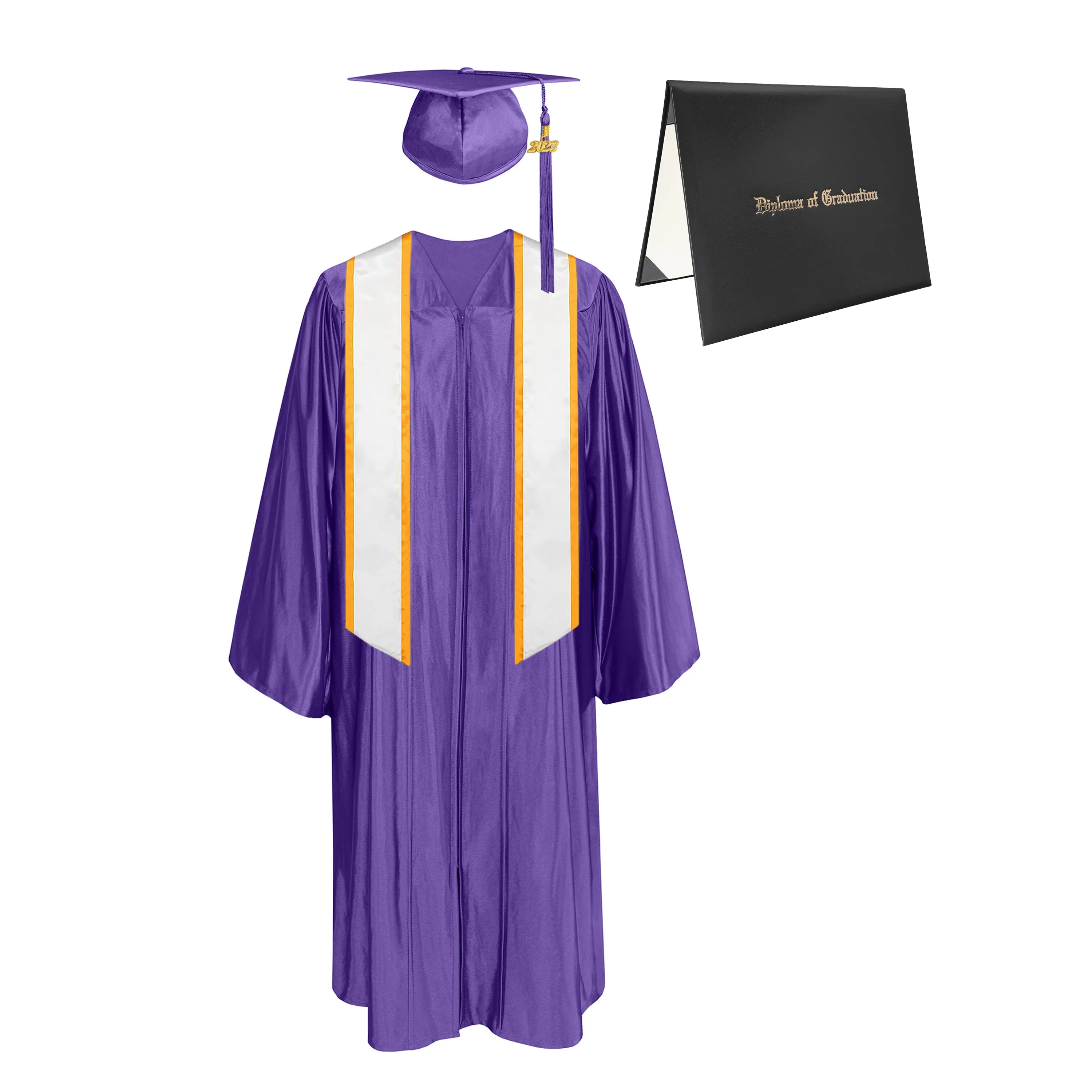Shiny Cap, Gown, Tassel, Honor Stole Angled End with Trim 72” & Diploma Cover Package
