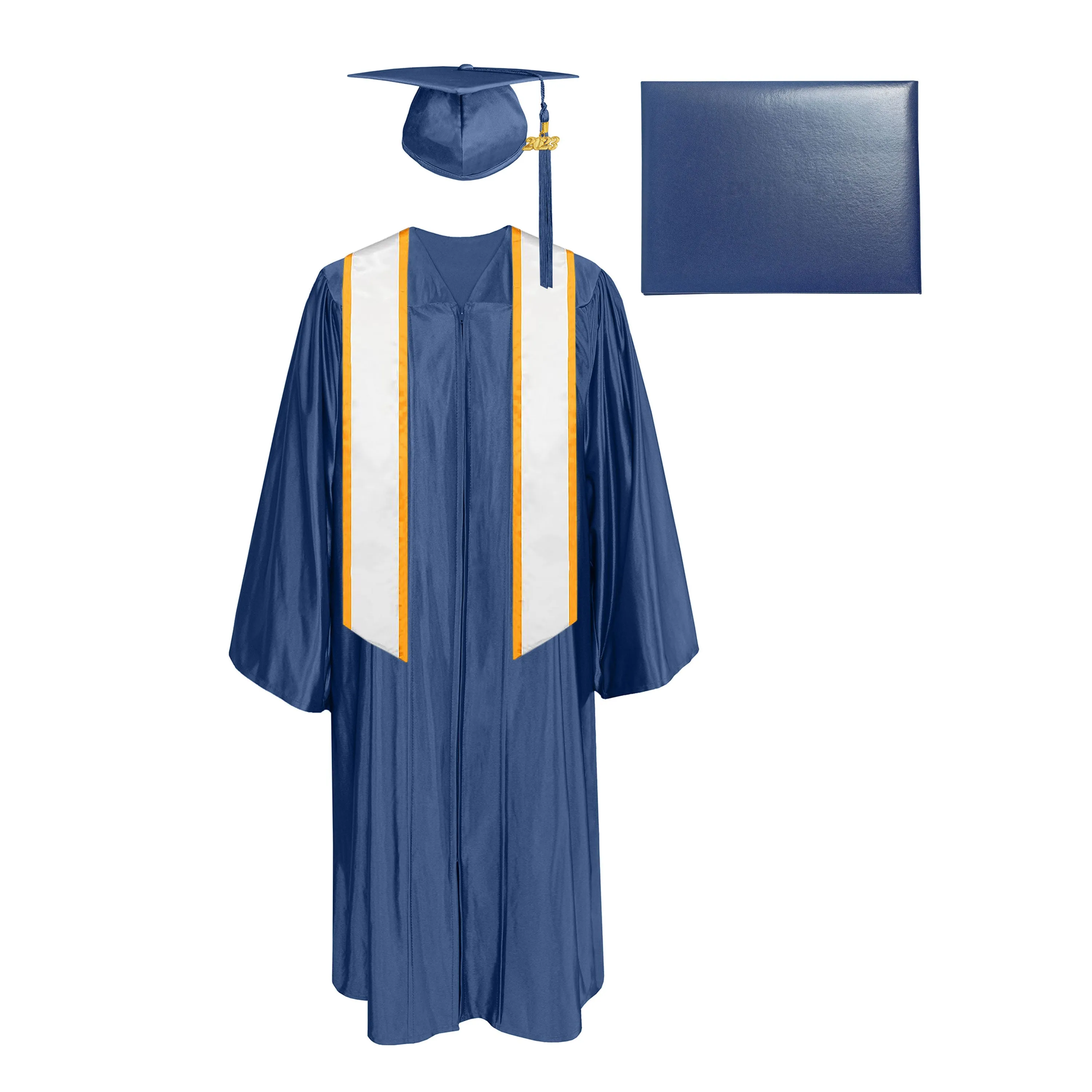 Shiny Cap, Gown, Tassel, Honor Stole Angled End with Trim 72” & Diploma Cover Package