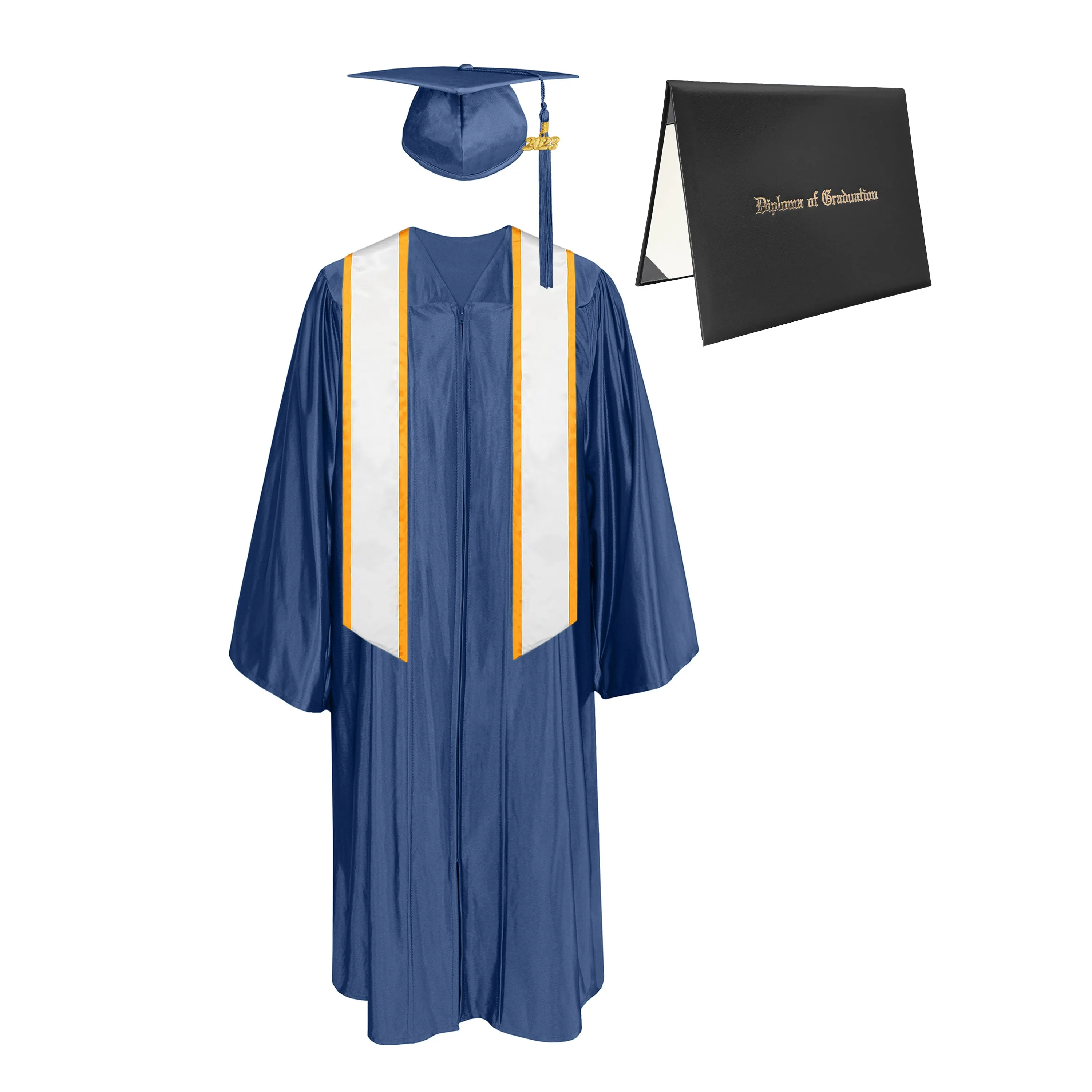 Shiny Cap, Gown, Tassel, Honor Stole Angled End with Trim 72” & Diploma Cover Package