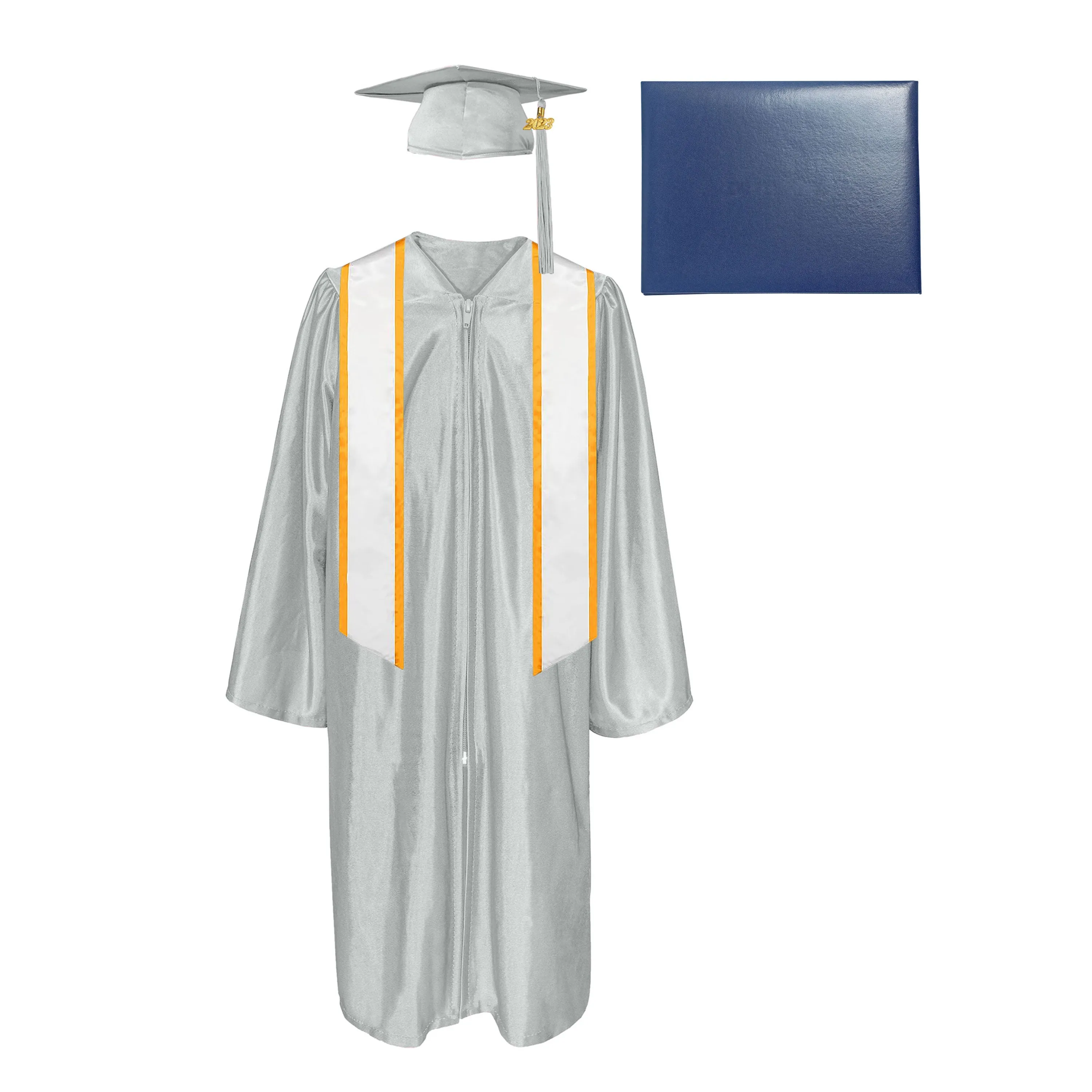 Shiny Cap, Gown, Tassel, Honor Stole Angled End with Trim 72” & Diploma Cover Package