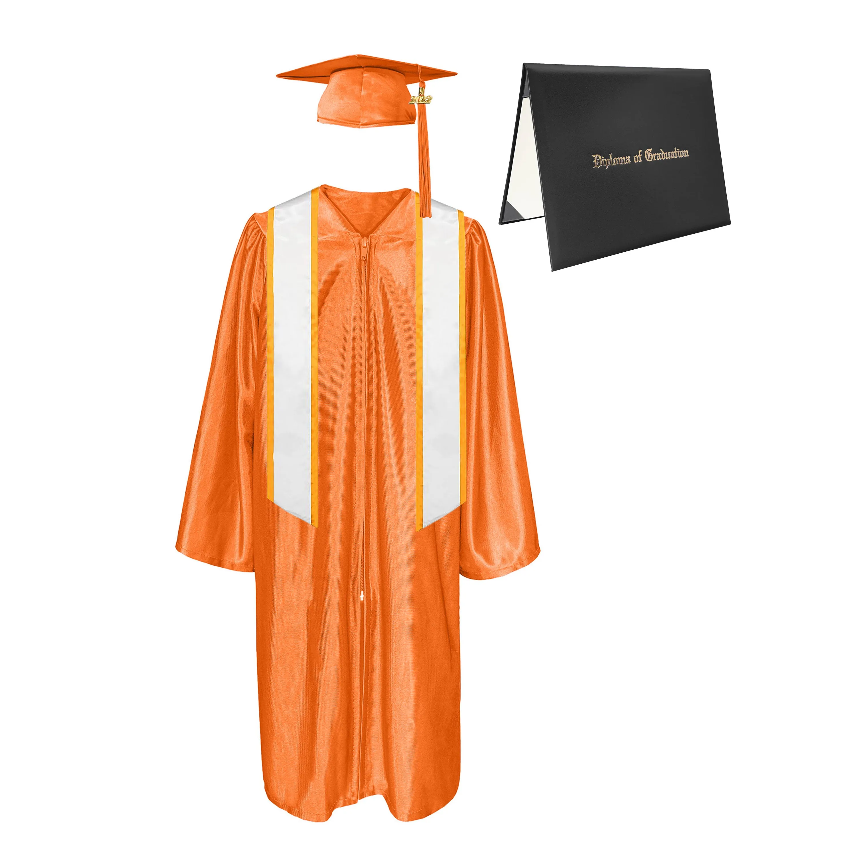 Shiny Cap, Gown, Tassel, Honor Stole Angled End with Trim 72” & Diploma Cover Package
