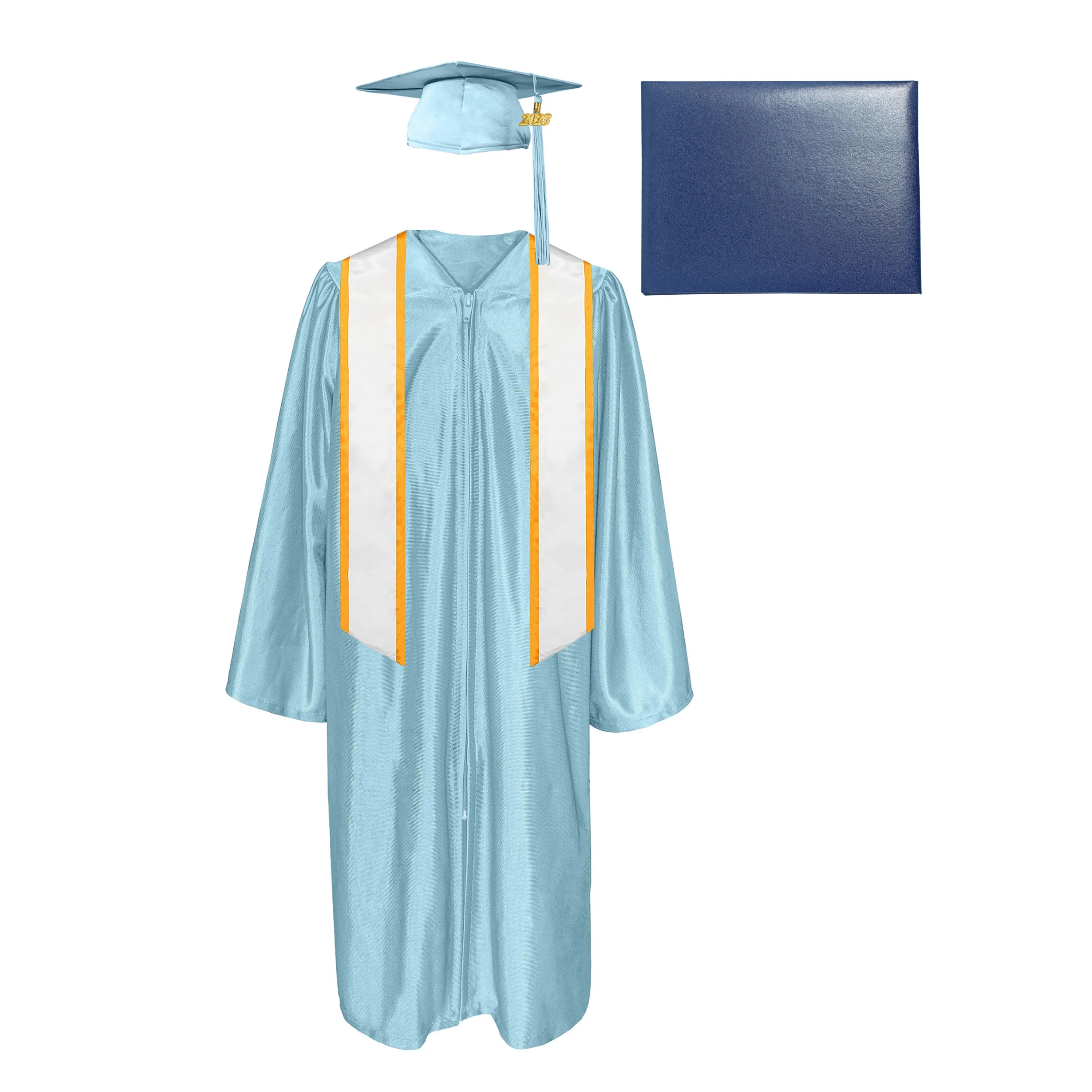 Shiny Cap, Gown, Tassel, Honor Stole Angled End with Trim 72” & Diploma Cover Package