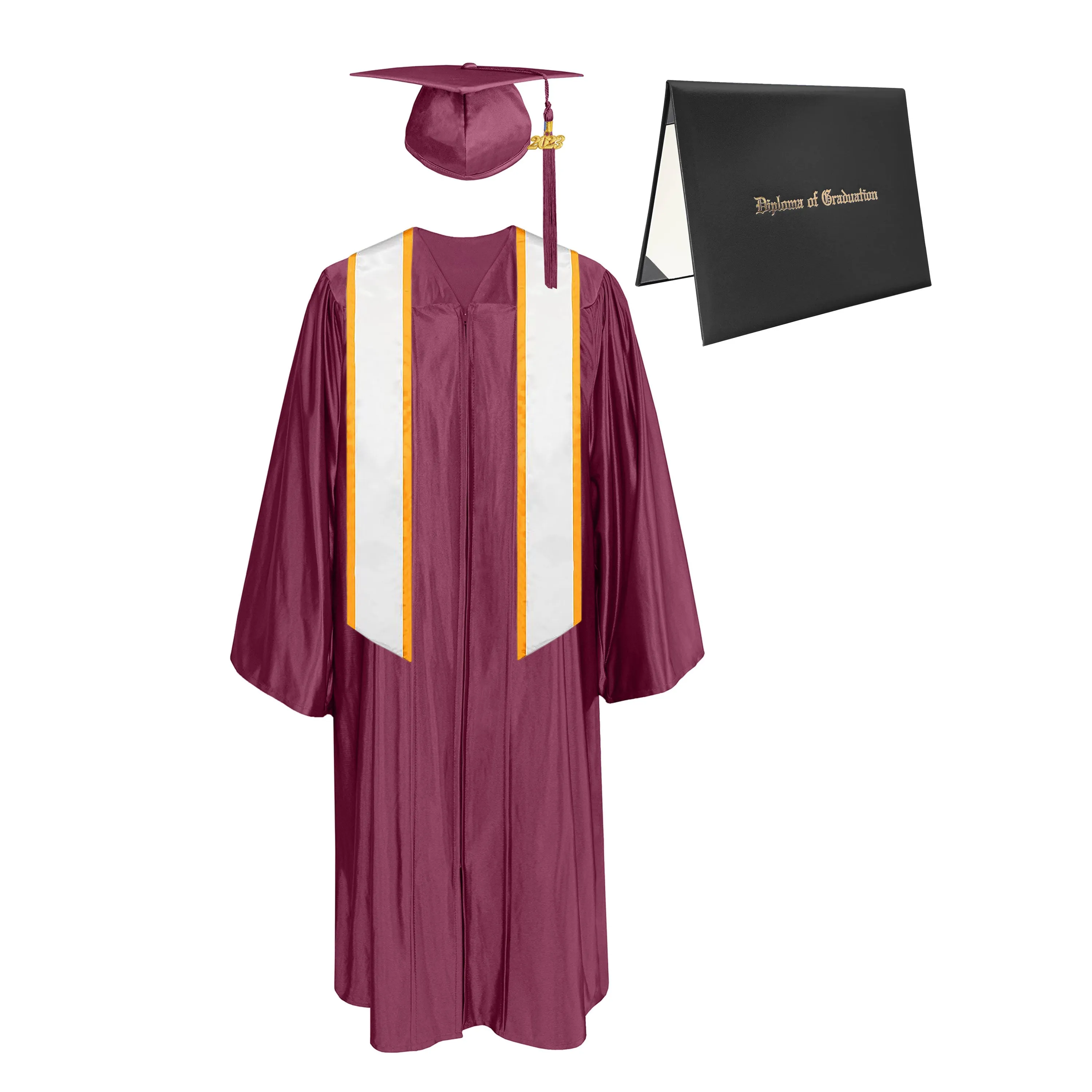 Shiny Cap, Gown, Tassel, Honor Stole Angled End with Trim 72” & Diploma Cover Package