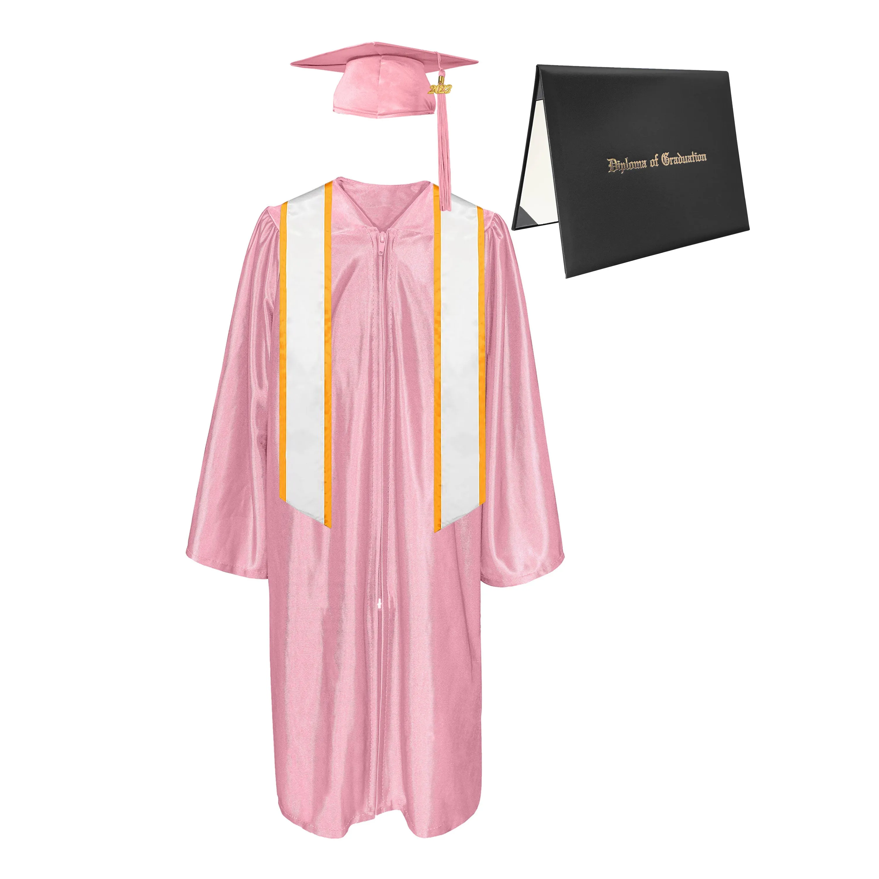 Shiny Cap, Gown, Tassel, Honor Stole Angled End with Trim 72” & Diploma Cover Package