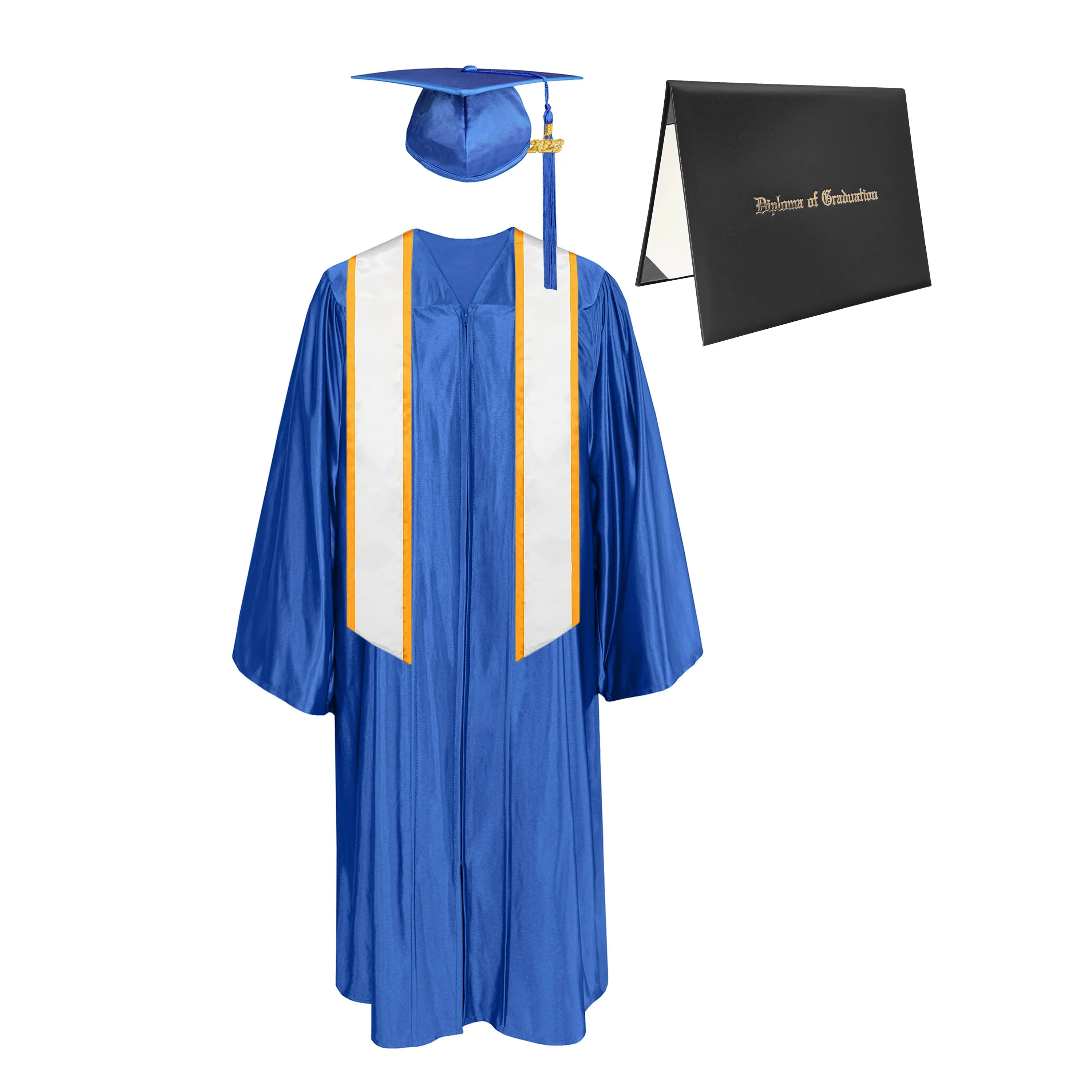 Shiny Cap, Gown, Tassel, Honor Stole Angled End with Trim 72” & Diploma Cover Package