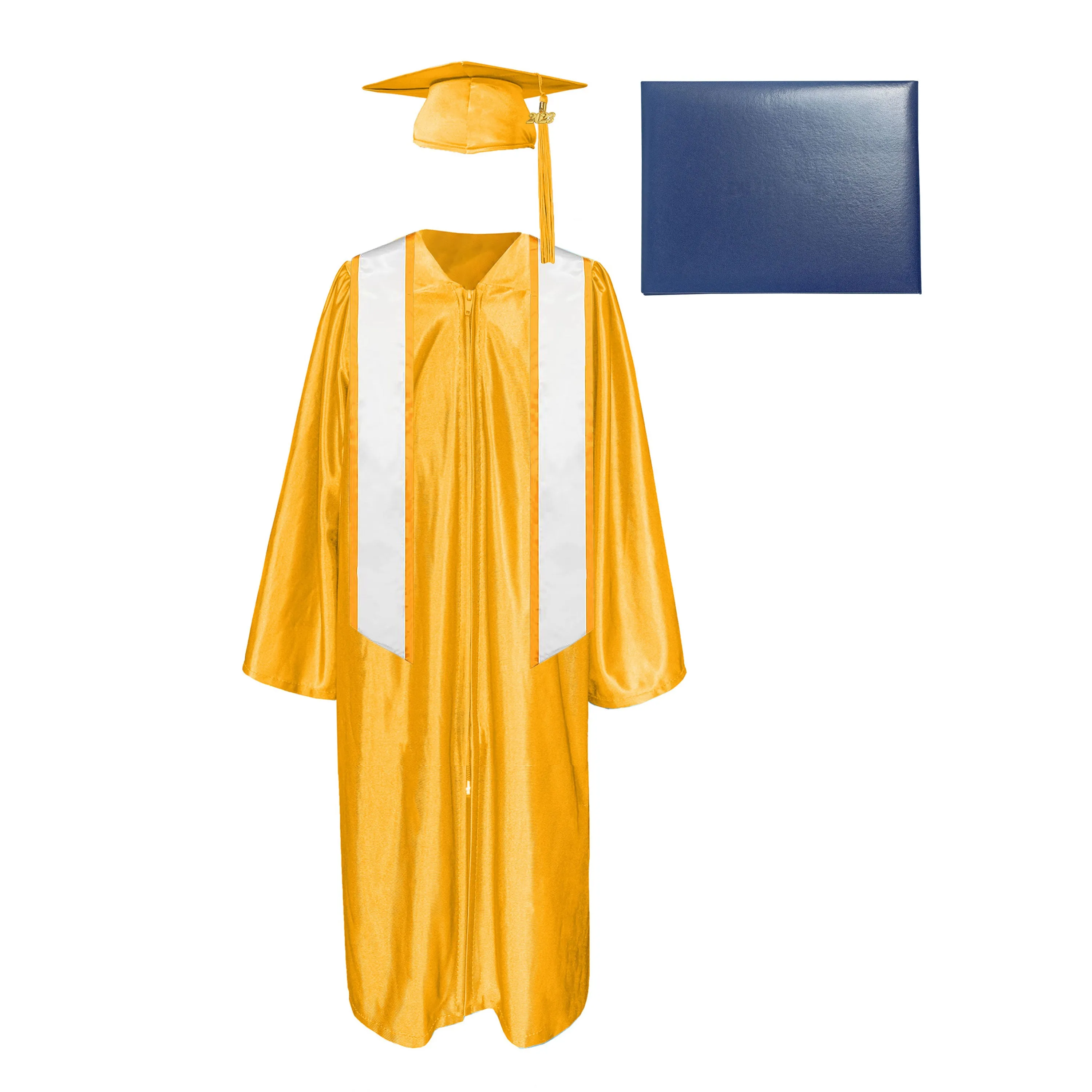 Shiny Cap, Gown, Tassel, Honor Stole Angled End with Trim 72” & Diploma Cover Package