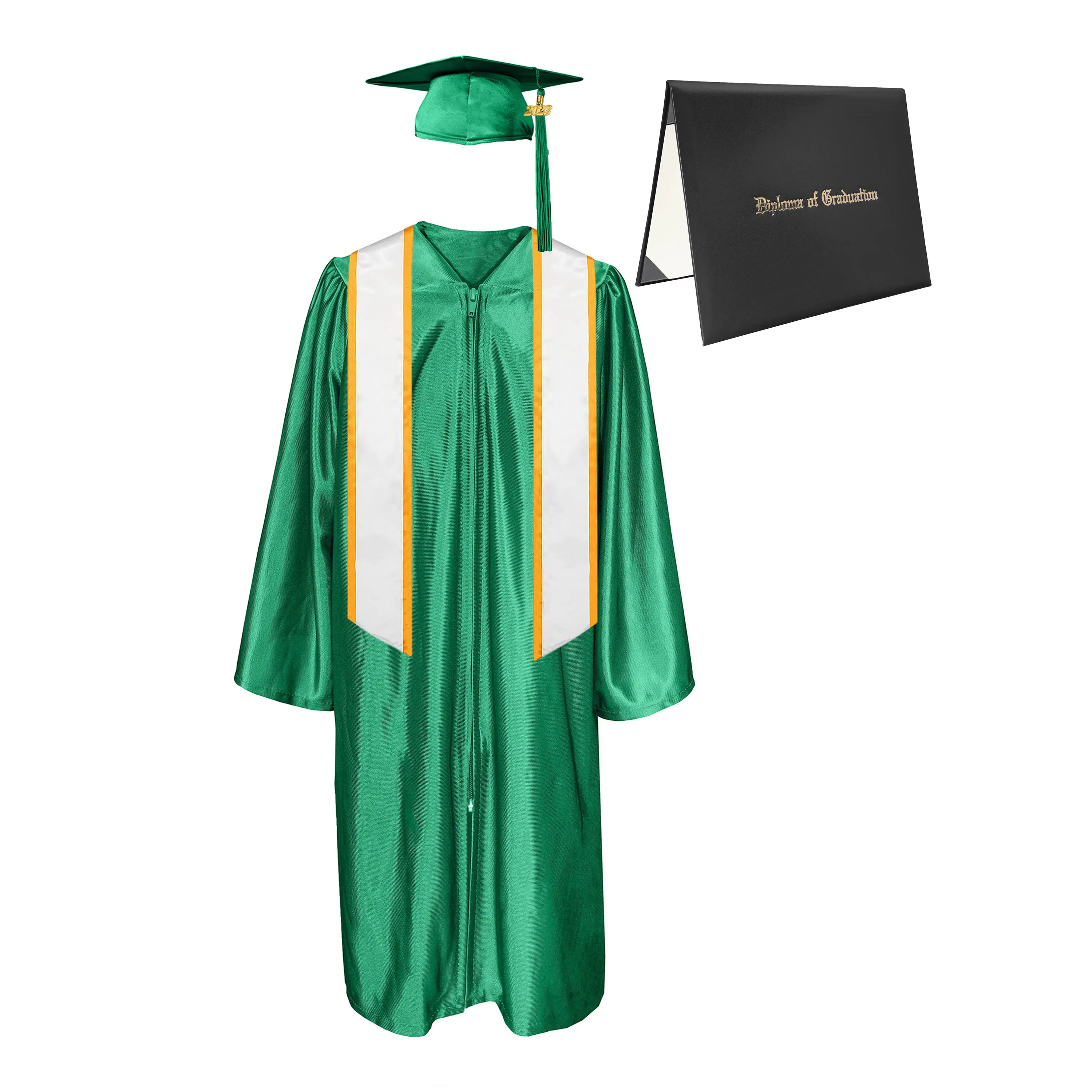 Shiny Cap, Gown, Tassel, Honor Stole Angled End with Trim 72” & Diploma Cover Package