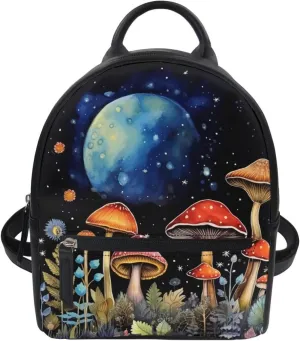 Showudesigns Mushroom Night Backpack Purse for Women Leather Shoulder Bags Casual Daypack Tote Bag for Teen Girls Rucksack for Work Hiking Travel Daily Use