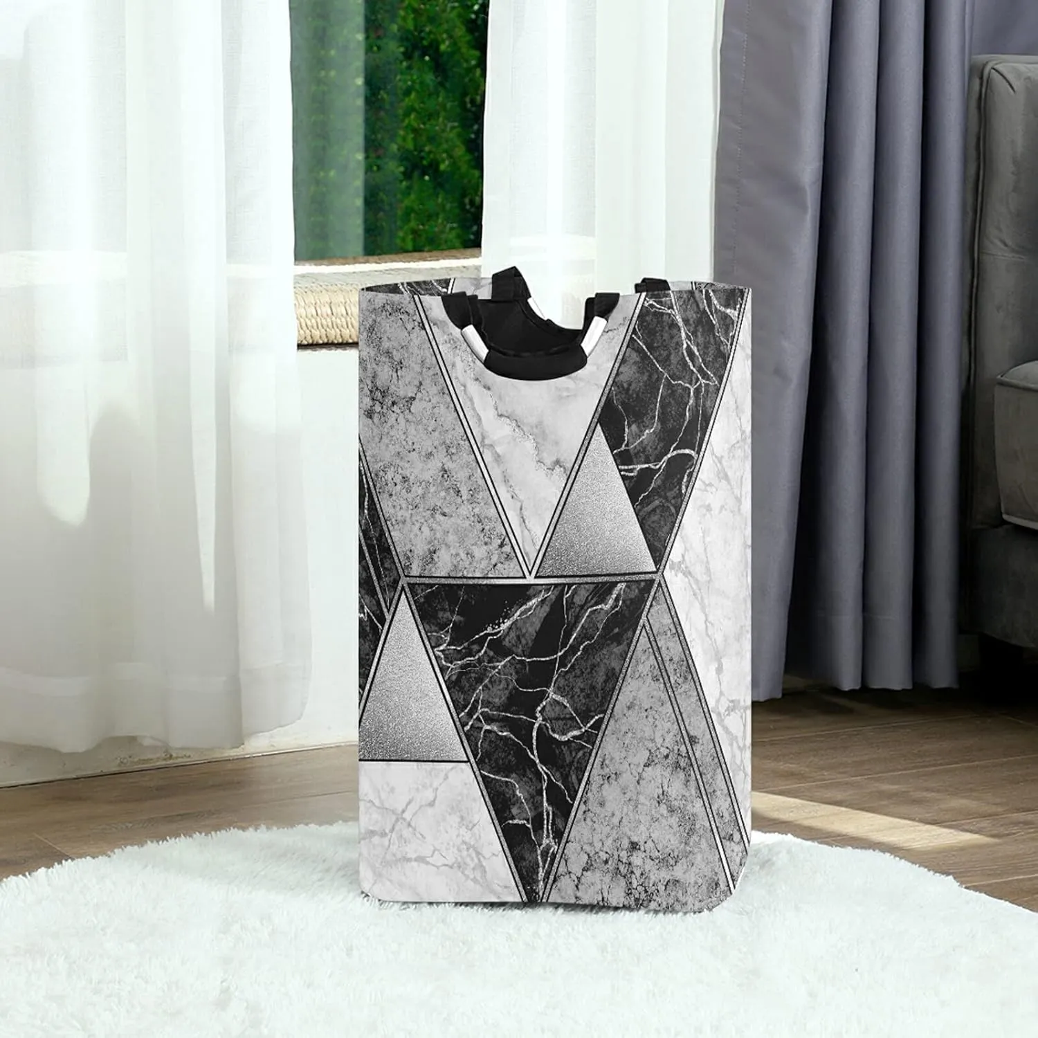 Silver White Lines Marble Granite Agate Black Grey Paint Triangle Tile Laundry Hamper Basket Bucket, Foldable Dirty Clothes Bag, Waterproof Fabric Washing Bin, Toy Storage with Handles for Bathroom