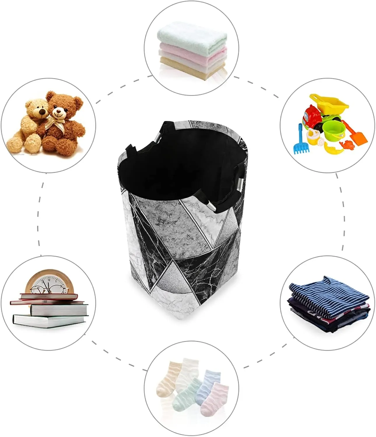 Silver White Lines Marble Granite Agate Black Grey Paint Triangle Tile Laundry Hamper Basket Bucket, Foldable Dirty Clothes Bag, Waterproof Fabric Washing Bin, Toy Storage with Handles for Bathroom