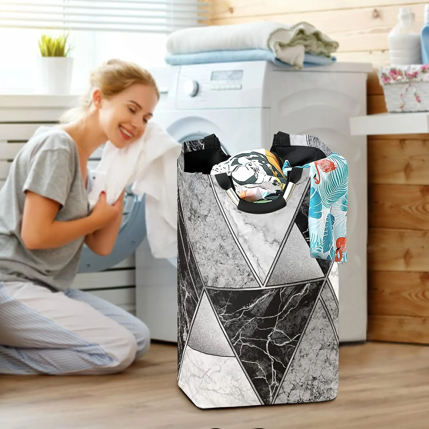Silver White Lines Marble Granite Agate Black Grey Paint Triangle Tile Laundry Hamper Basket Bucket, Foldable Dirty Clothes Bag, Waterproof Fabric Washing Bin, Toy Storage with Handles for Bathroom