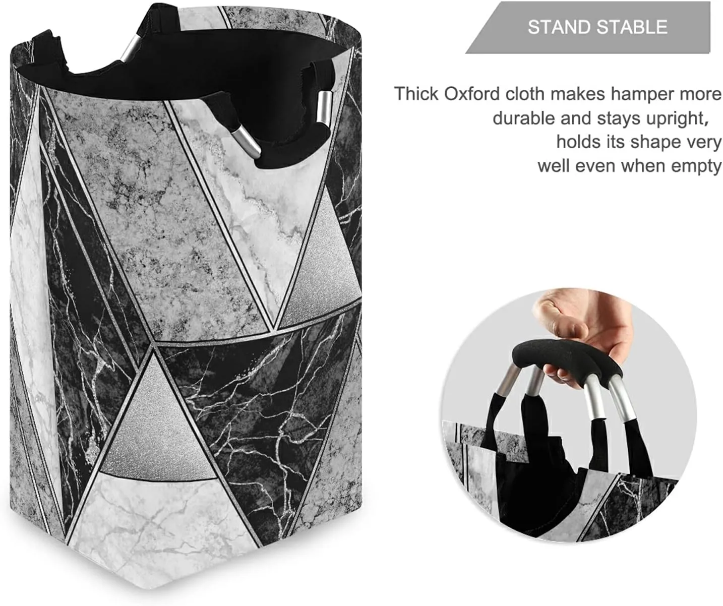 Silver White Lines Marble Granite Agate Black Grey Paint Triangle Tile Laundry Hamper Basket Bucket, Foldable Dirty Clothes Bag, Waterproof Fabric Washing Bin, Toy Storage with Handles for Bathroom