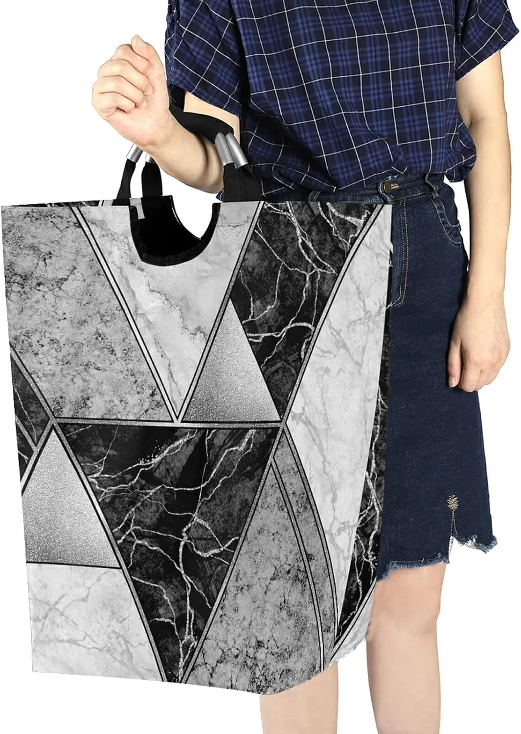 Silver White Lines Marble Granite Agate Black Grey Paint Triangle Tile Laundry Hamper Basket Bucket, Foldable Dirty Clothes Bag, Waterproof Fabric Washing Bin, Toy Storage with Handles for Bathroom