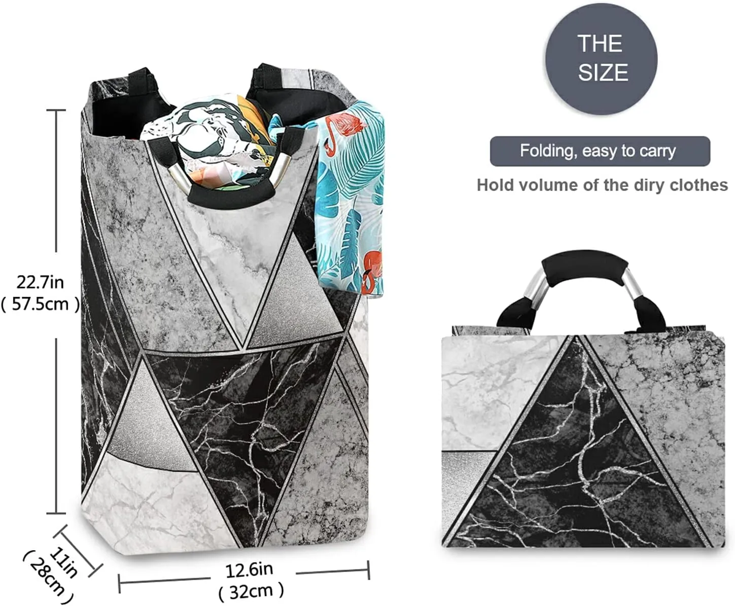 Silver White Lines Marble Granite Agate Black Grey Paint Triangle Tile Laundry Hamper Basket Bucket, Foldable Dirty Clothes Bag, Waterproof Fabric Washing Bin, Toy Storage with Handles for Bathroom