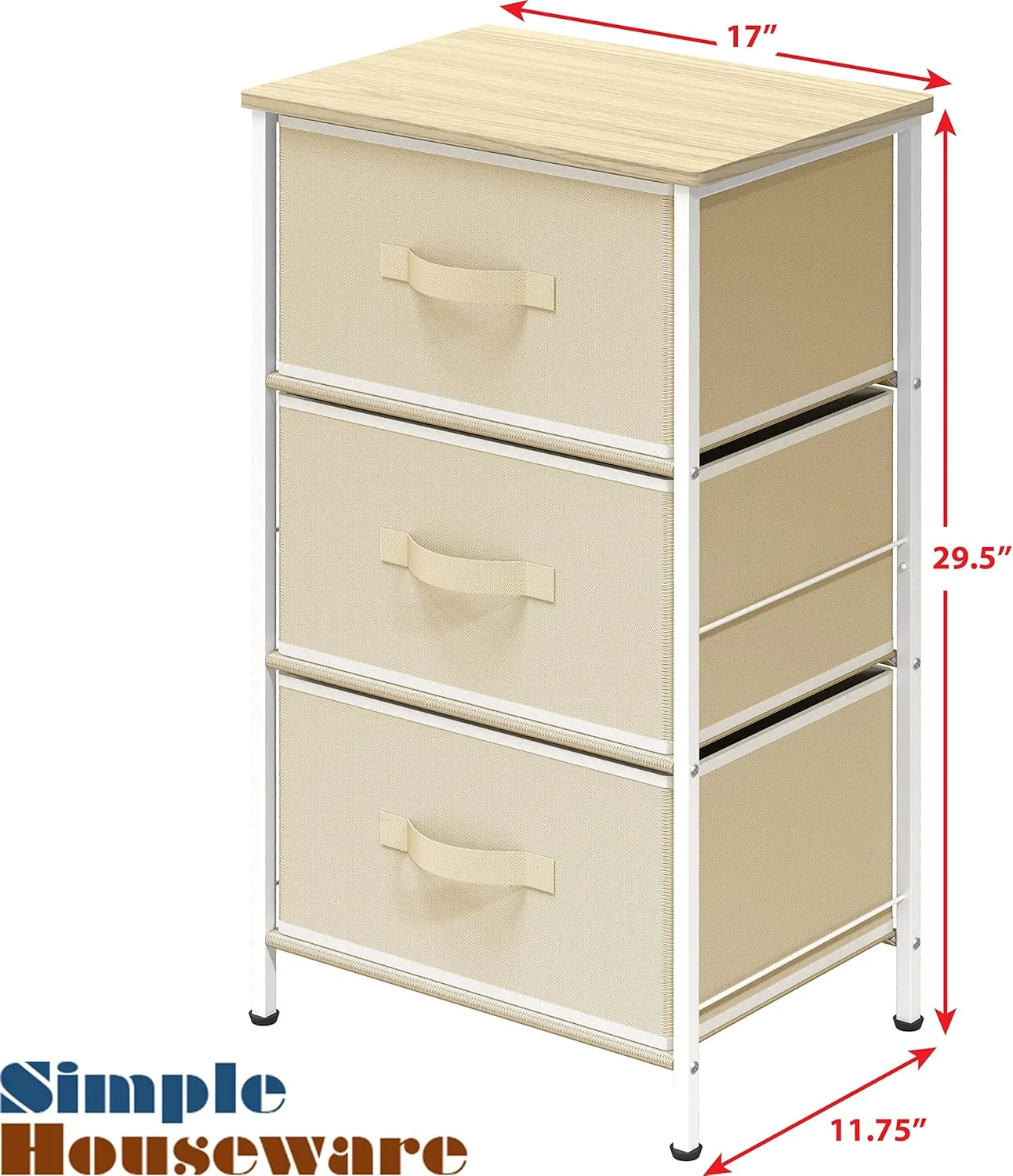 Simple Houseware 3 Drawer Nightstand Dresser with Wood Top, Beige