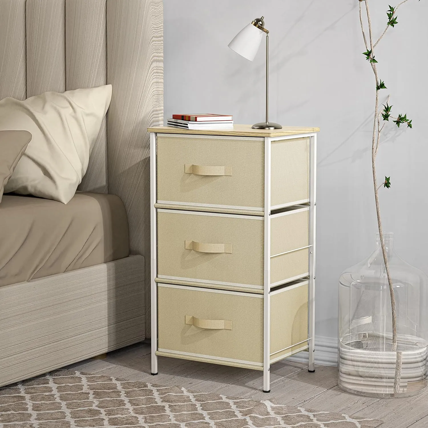 Simple Houseware 3 Drawer Nightstand Dresser with Wood Top, Beige