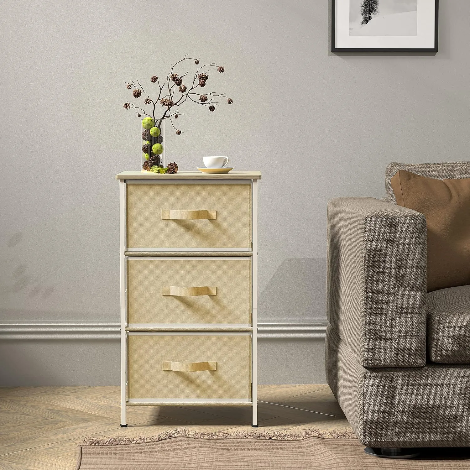 Simple Houseware 3 Drawer Nightstand Dresser with Wood Top, Beige