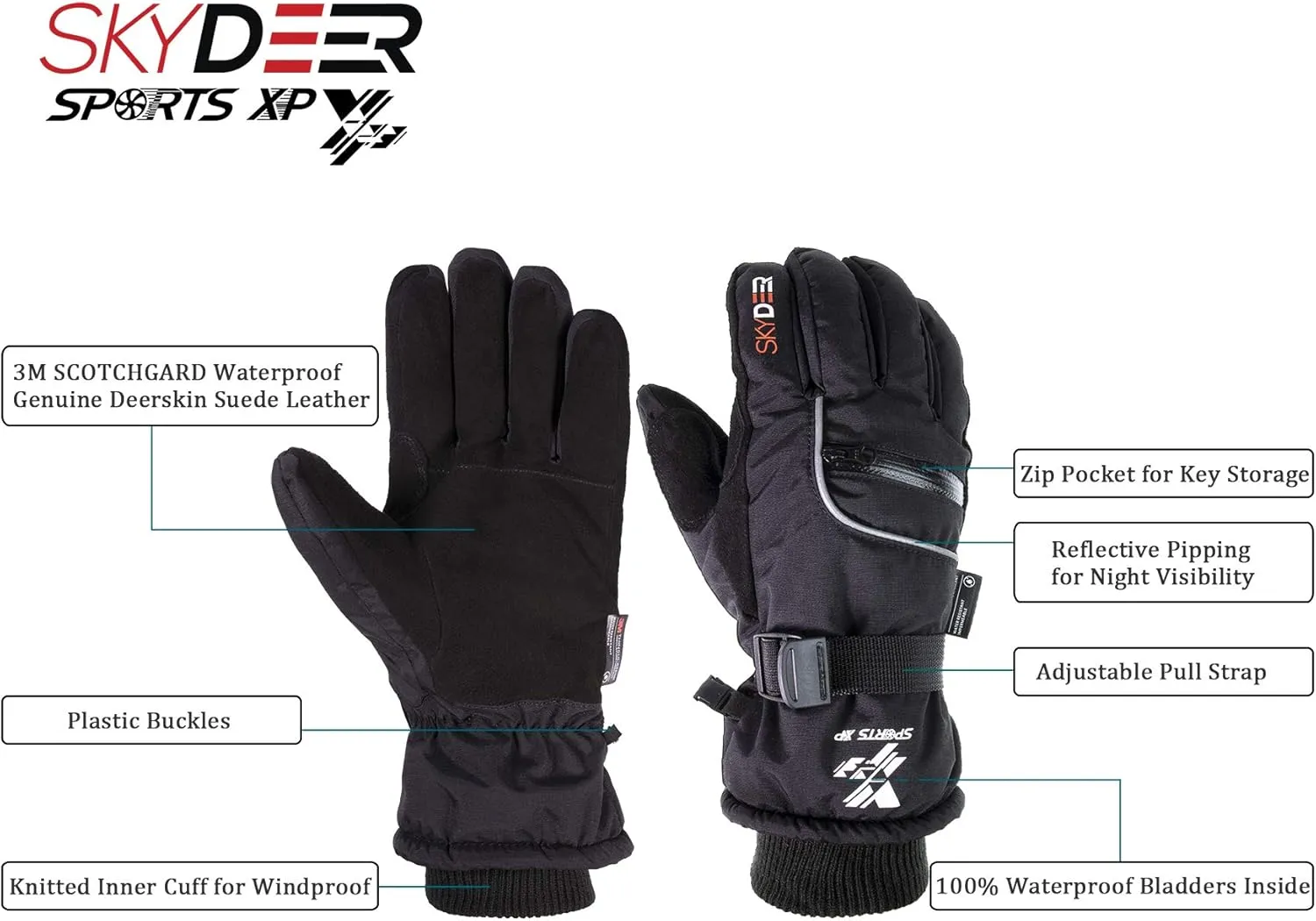 SKYDEER 100% Waterproof and Premium Deerskin Suede Leather Ski Gloves with 150G 3M Thinsulate Lining, Ultra Soft & Durable & Warm Cold Weather Gloves for Extreme Cold Condition (SD8650T)