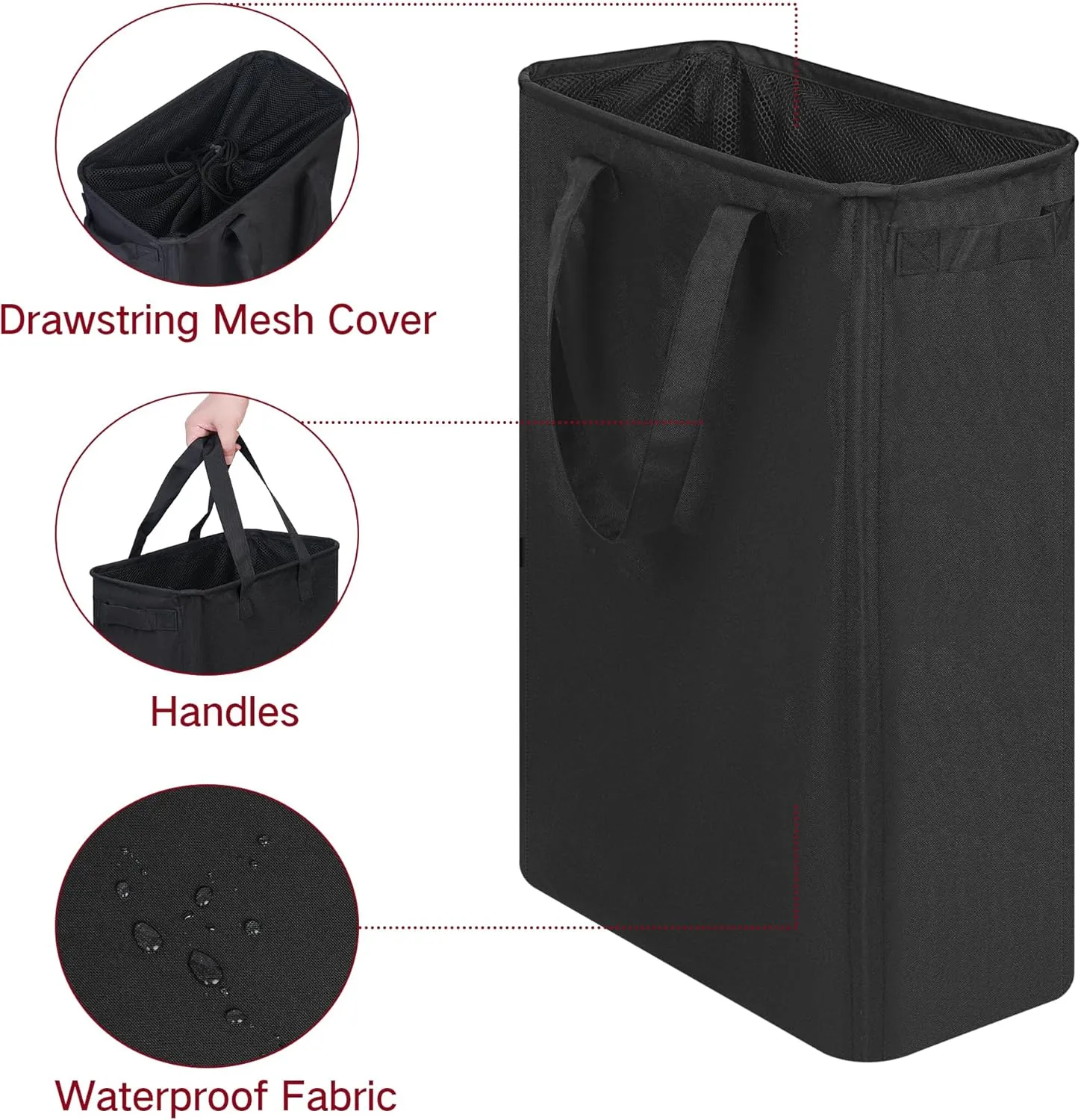 Slim Laundry Basket, Narrow Laundry Hamper with Handles, Collapsible Dirty Clothes Hamper, Tall Laundry Bin for Laundry Room, Dorm and Bedroom, 12.7 Gallons(48L) Black