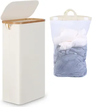 Slim Laundry Basket with Lid, Narrow Laundry Hamper with Removable Bag, Skinny Dirty Clothes Basket with Bamboo Handles for Bathroom, Bedroom & Laundry Room, 63L Beige
