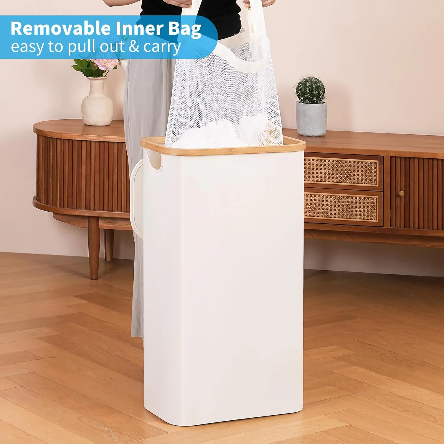 Slim Laundry Basket with Lid, Narrow Laundry Hamper with Removable Bag, Skinny Dirty Clothes Basket with Bamboo Handles for Bathroom, Bedroom & Laundry Room, 63L Beige